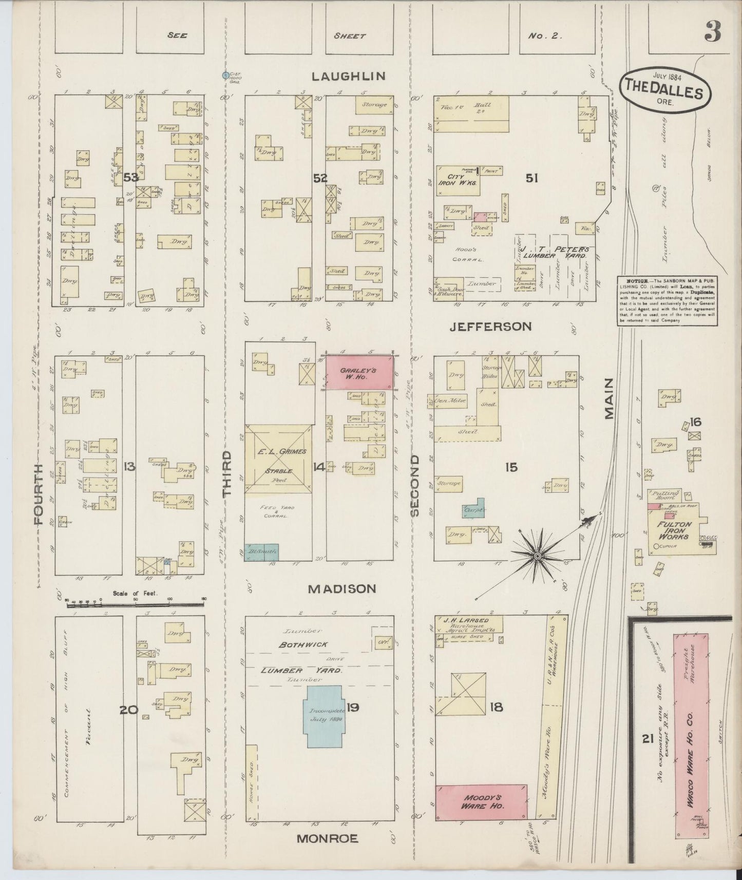 Sanborn Fire Insurance Map from The Dalles, Wasco County, Oregon (1884), Sheet #0003 - Historic Sanborn Fire Insurance Map Print, vintage old map wall art, antique decor, genealogy gift, Oregon Oregon map