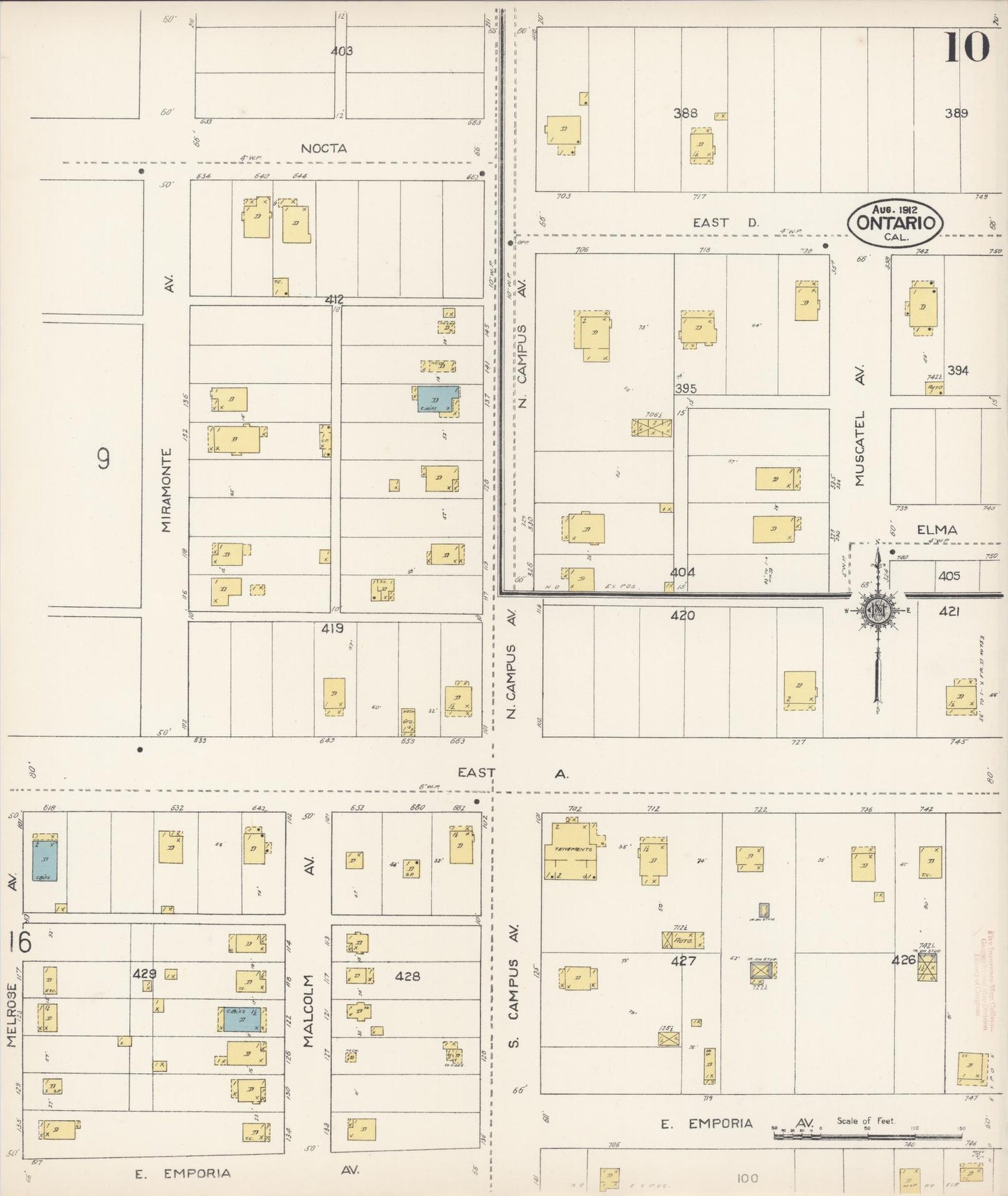Sanborn Fire Insurance Map from Ontario, San Bernardino County, California (1912), Sheet #0010 - Historic Sanborn Fire Insurance Map Print, vintage old map wall art, antique decor, genealogy gift, California California map