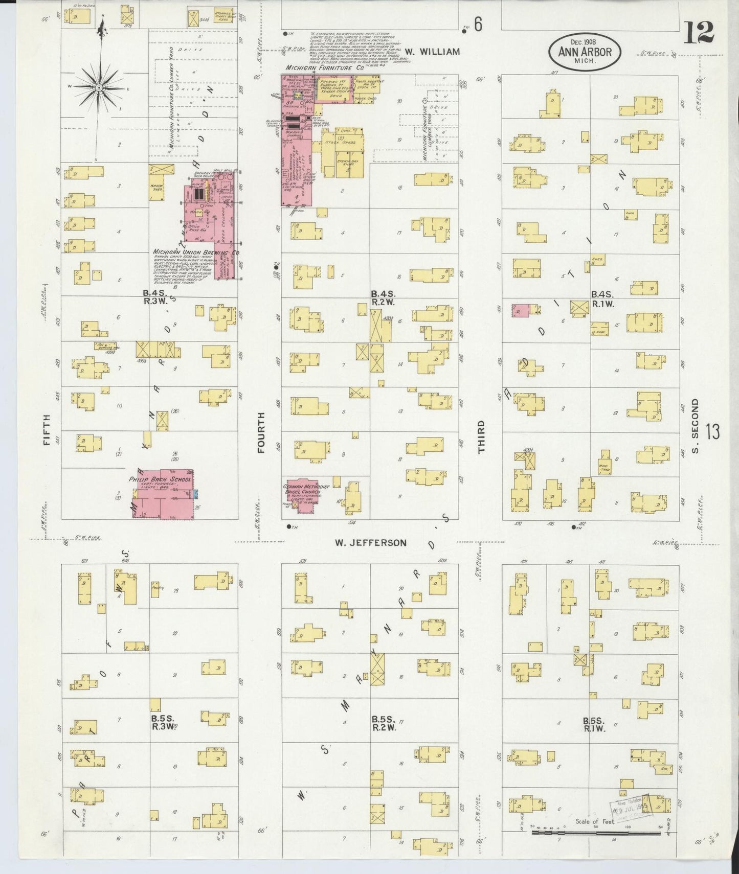 Sanborn Fire Insurance Map from Ann Arbor, Washtenaw County, Michigan (1908), Sheet #0012 - Historic Sanborn Fire Insurance Map Print, vintage old map wall art, antique decor, genealogy gift, Michigan Michigan map
