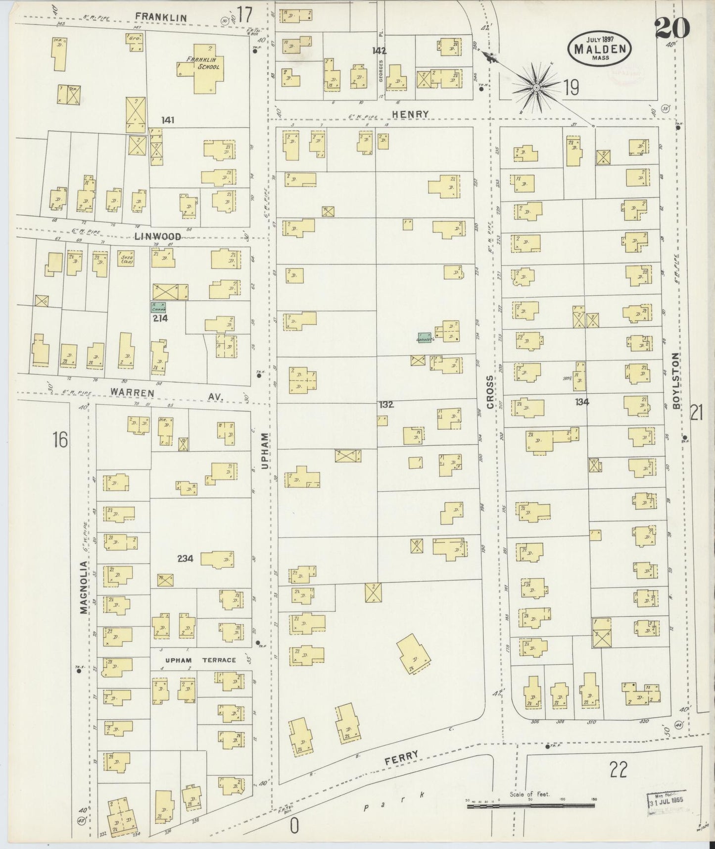 Sanborn Fire Insurance Map from Malden, Middlesex County, Massachusetts (1897), Sheet #0020 - Historic Sanborn Fire Insurance Map Print, vintage old map wall art, antique decor, genealogy gift, Massachusetts Massachusetts map