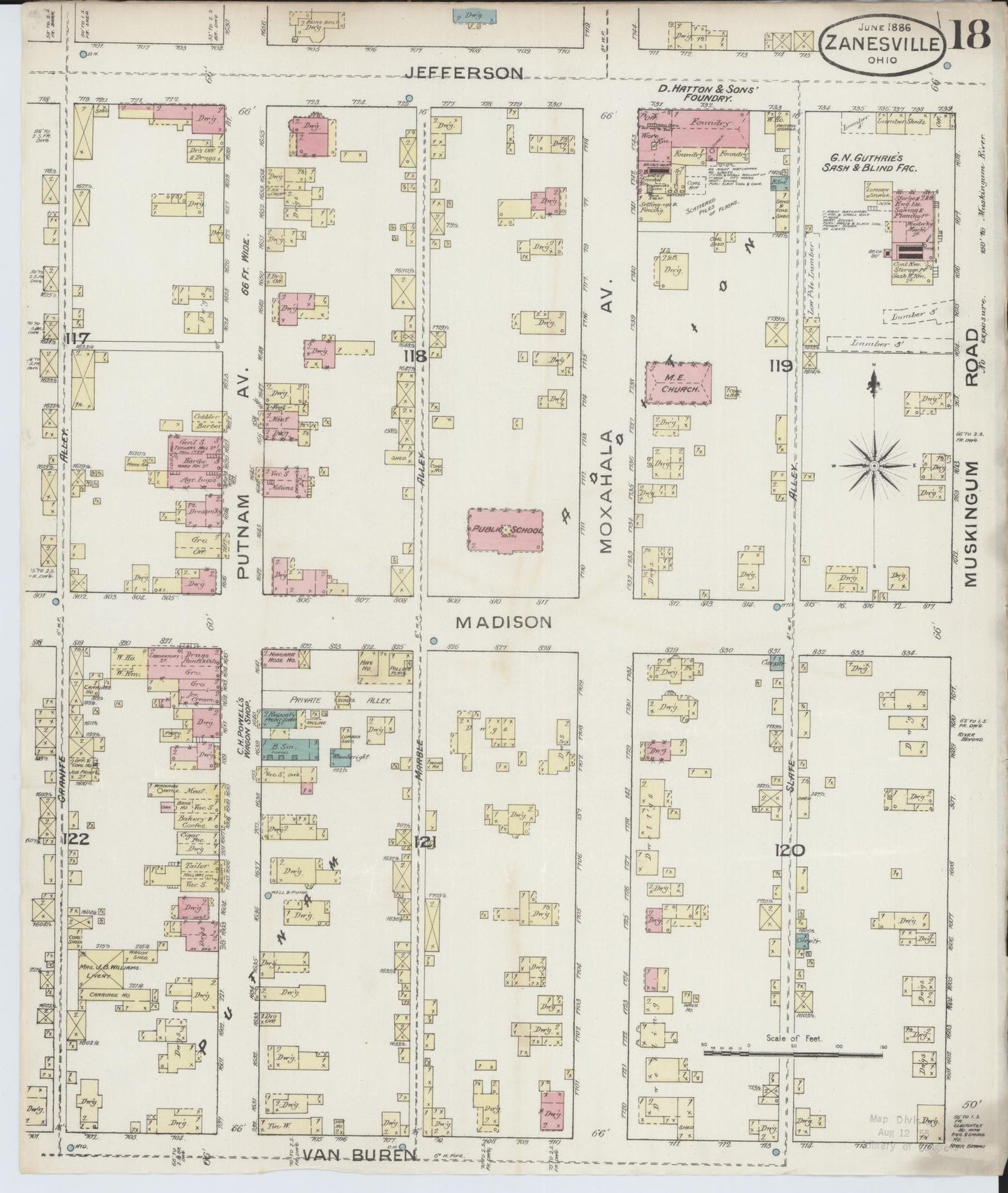 Sanborn Fire Insurance Map from Zanesville, Muskingum County, Ohio (1886), Sheet #0018 - Historic Sanborn Fire Insurance Map Print, vintage old map wall art, antique decor, genealogy gift, Ohio Ohio map