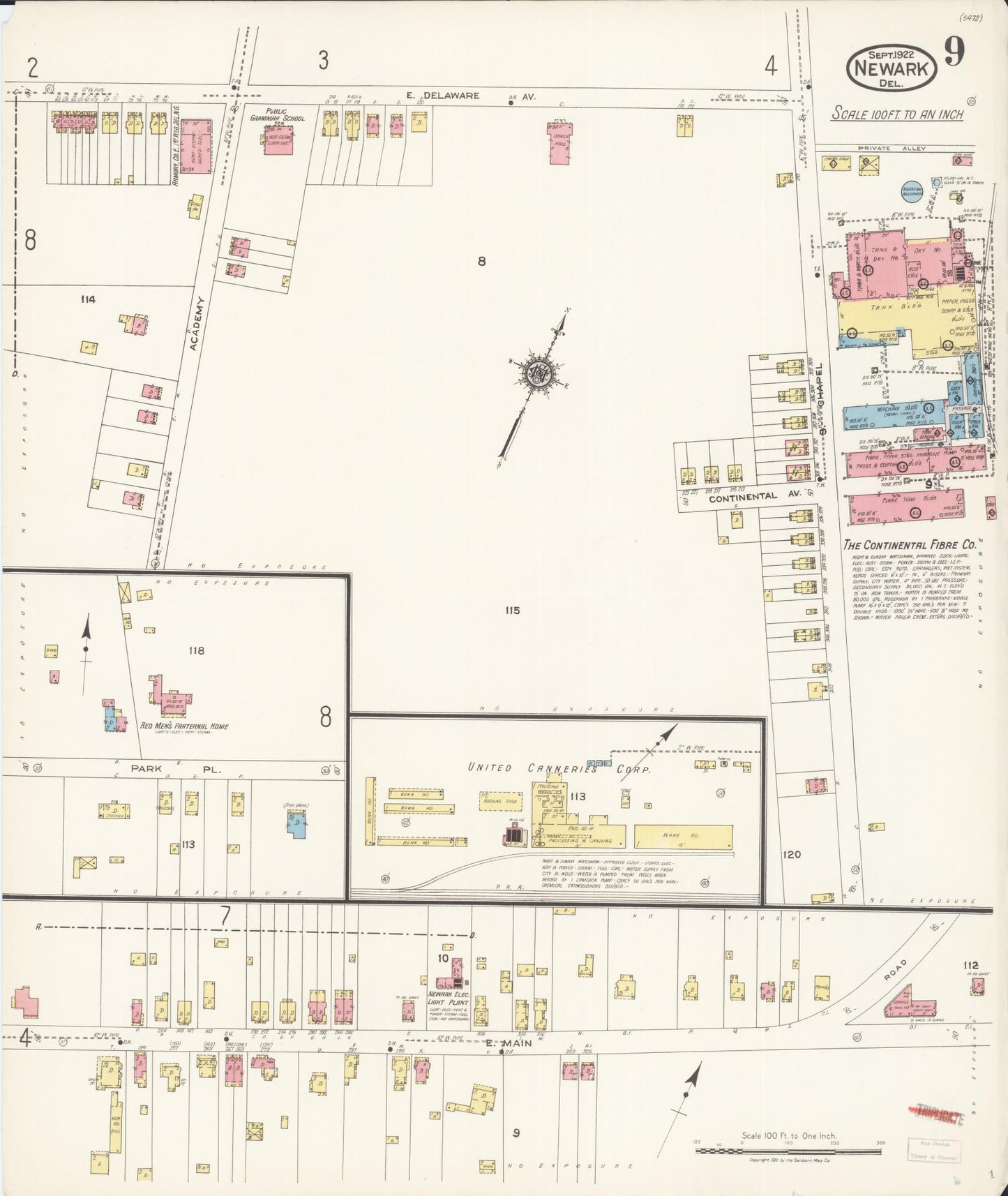 Sanborn Fire Insurance Map from Newark, New Castle County, Delaware (1922), Sheet #0009 - Complete Map Set gallery image, historic Sanborn map, vintage wall art, Delaware Delaware