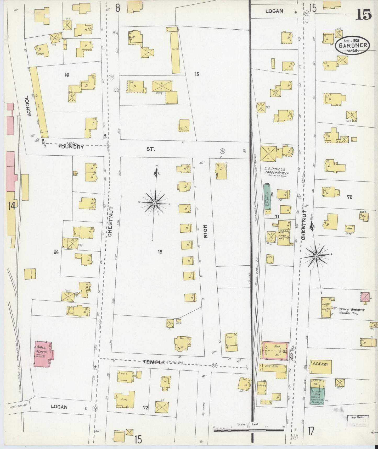 Sanborn Fire Insurance Map from Gardner, Worcester County, Massachusetts (1905), Sheet #0015 - Historic Sanborn Fire Insurance Map Print, vintage old map wall art, antique decor, genealogy gift, Massachusetts Massachusetts map