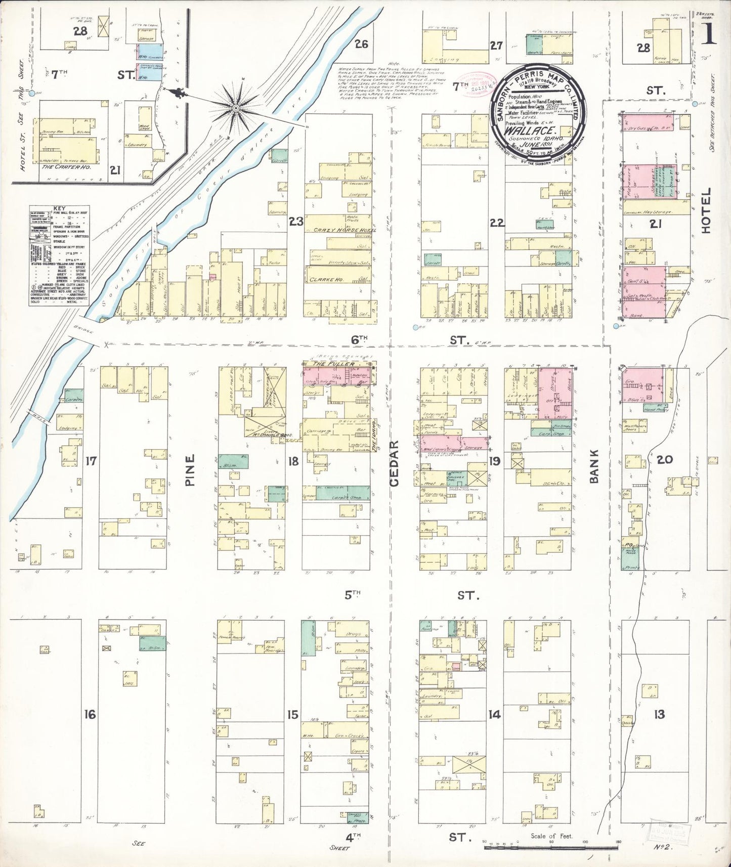 Sanborn Fire Insurance Map from Wallace, Shoshone County, Idaho (1891), Sheet #0001 - Historic Sanborn Fire Insurance Map Print, vintage old map wall art, antique decor, genealogy gift, Idaho Idaho map