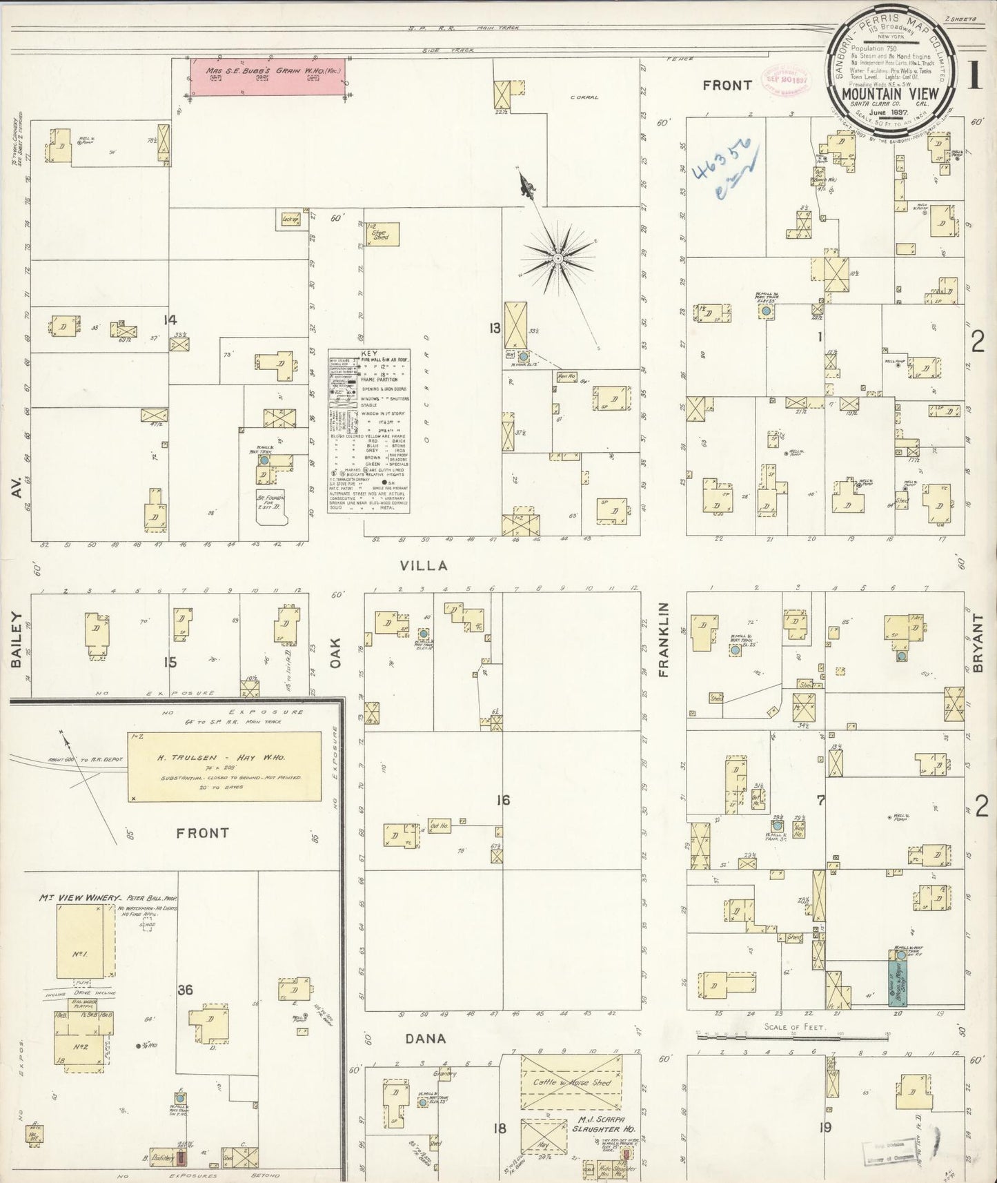 Sanborn Fire Insurance Map from Mountain View, Santa Clara County, California (1897), Sheet #0001 - Historic Sanborn Fire Insurance Map Print, vintage old map wall art, antique decor, genealogy gift, California California map