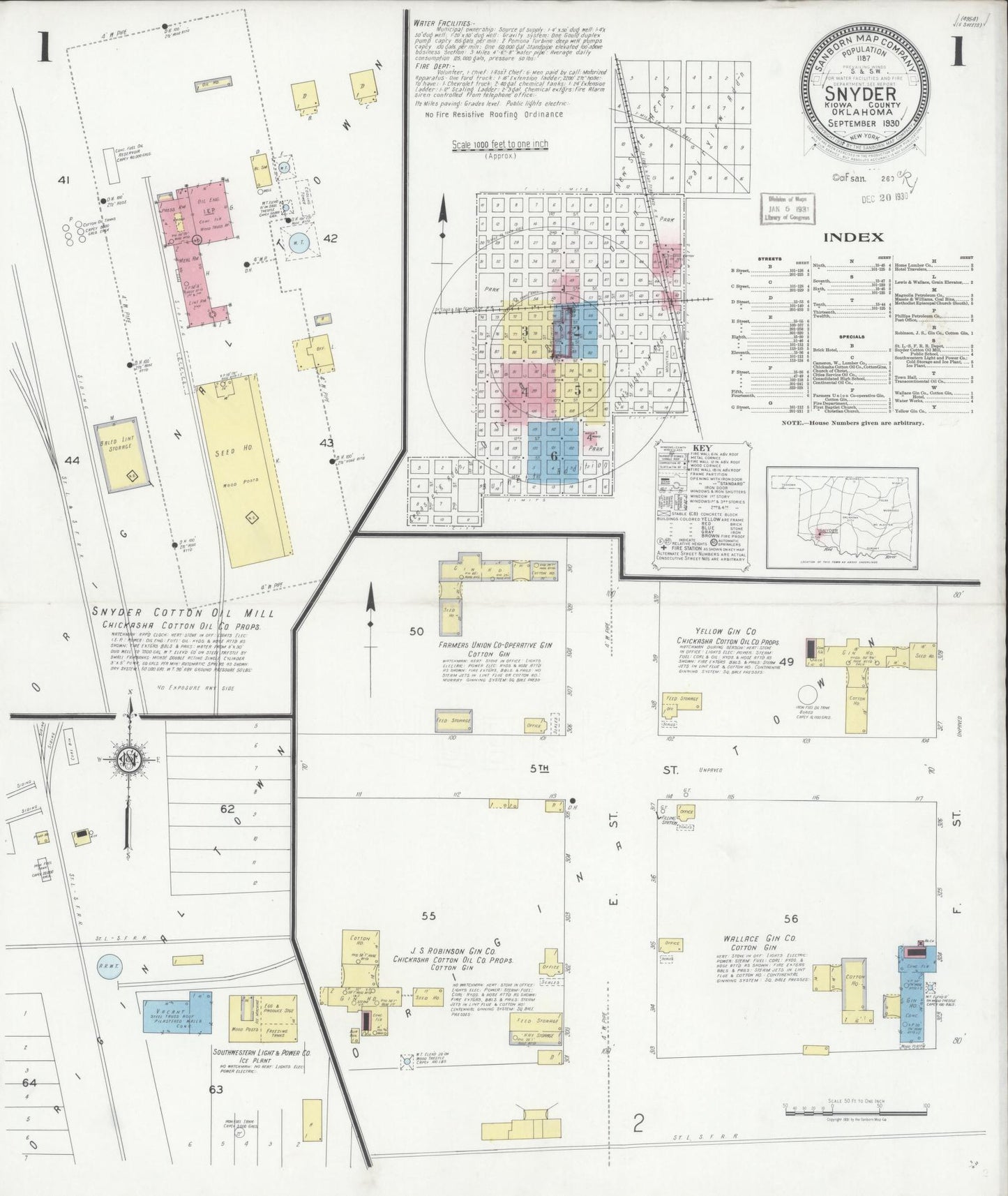 Sanborn Fire Insurance Map from Snyder, Kiowa County, Oklahoma (1930), Sheet #0001 - Historic Sanborn Fire Insurance Map Print, vintage old map wall art, antique decor, genealogy gift, Oklahoma Oklahoma map