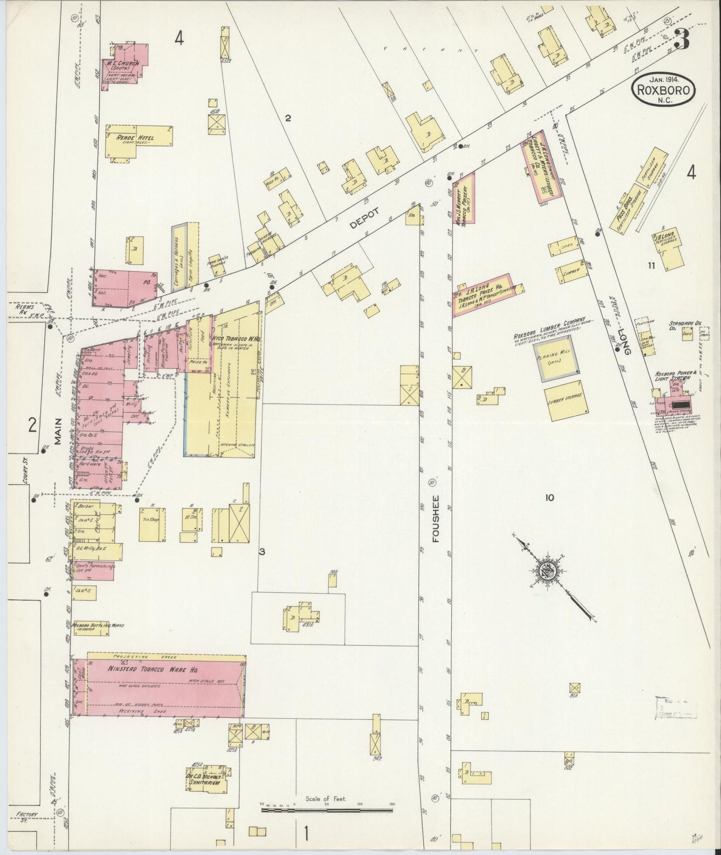 Sanborn Fire Insurance Map from Roxboro, Person County, North Carolina (1914), Sheet #0003 - Historic Sanborn Fire Insurance Map Print, vintage old map wall art, antique decor, genealogy gift, North Carolina North Carolina map