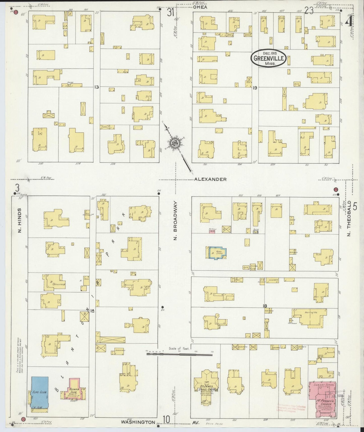 Sanborn Fire Insurance Map from Greenville, Washington County, Mississippi (1915), Sheet #0004 - Historic Sanborn Fire Insurance Map Print, vintage old map wall art, antique decor, genealogy gift, Mississippi Mississippi map