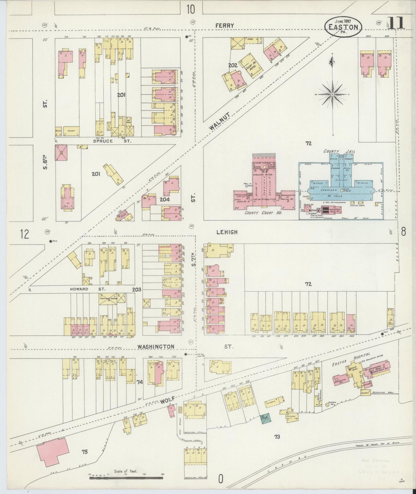Sanborn Fire Insurance Map from Easton, Northampton County, Pennsylvania (1897), Sheet #0011 - Historic Sanborn Fire Insurance Map Print, vintage old map wall art, antique decor, genealogy gift, Pennsylvania Pennsylvania map