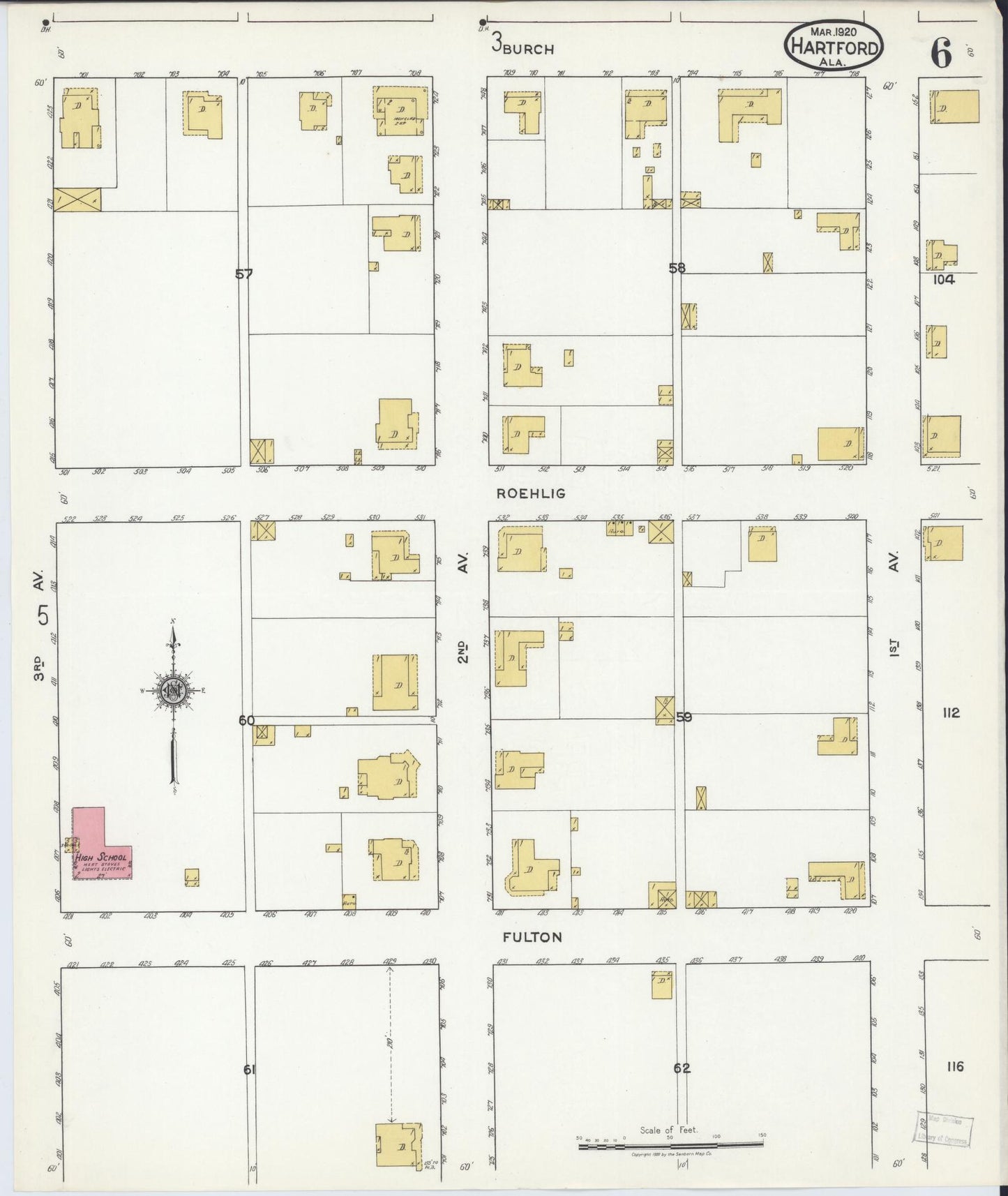 Sanborn Fire Insurance Map from Hartford, Geneva County, Alabama (1920), Sheet #0006 - Historic Sanborn Fire Insurance Map Print, vintage old map wall art, antique decor, genealogy gift, Alabama Alabama map