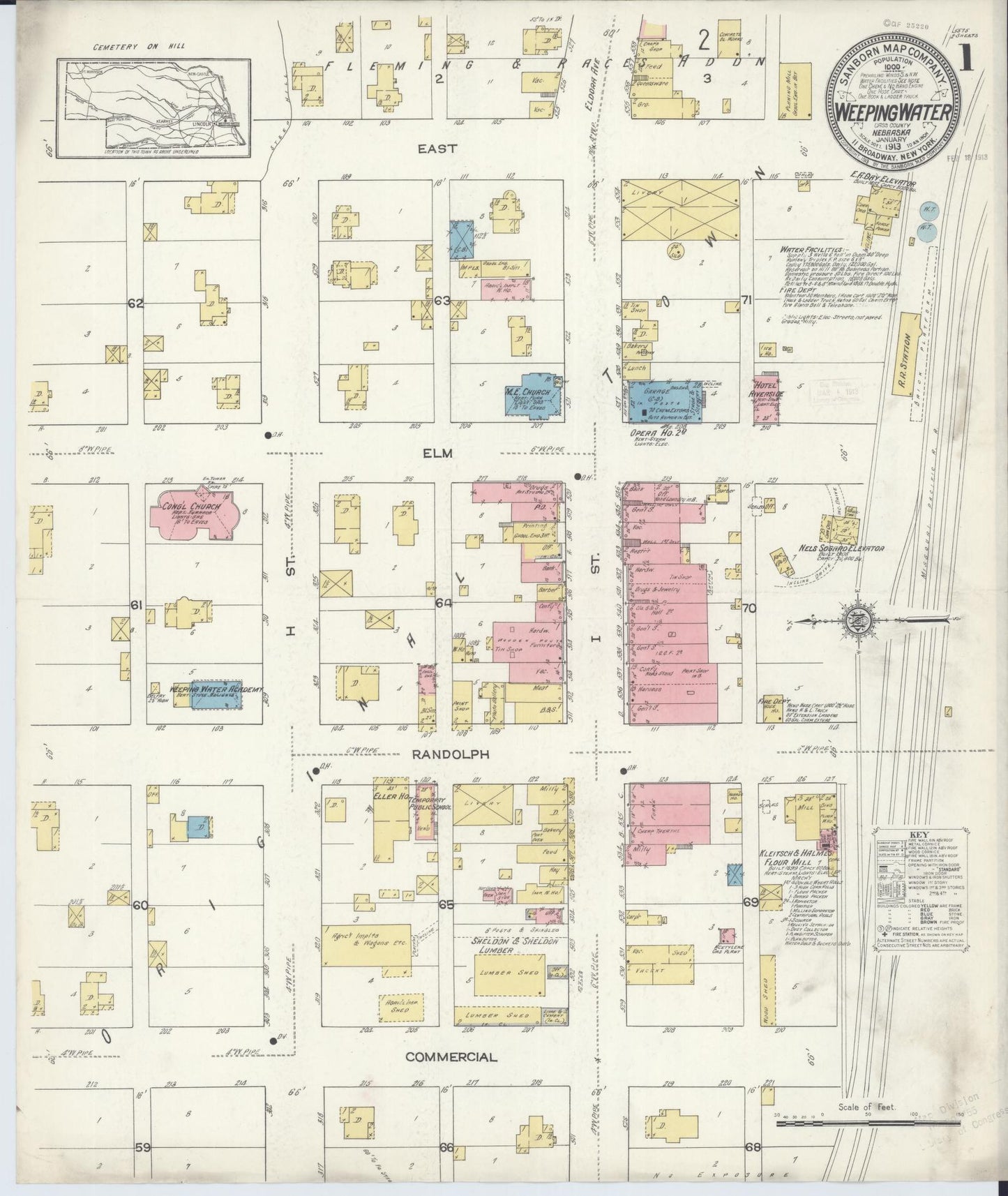 Sanborn Fire Insurance Map from Weeping Water, Cass County, Nebraska (1913), Sheet #0001 - Historic Sanborn Fire Insurance Map Print, vintage old map wall art, antique decor, genealogy gift, Nebraska Nebraska map