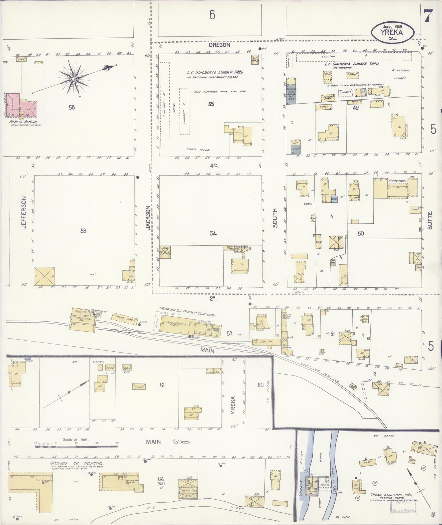 Sanborn Fire Insurance Map from Yreka, Siskiyou County, California (1908), Sheet #0007 - Complete Map Set gallery image, historic Sanborn map, vintage wall art, California California