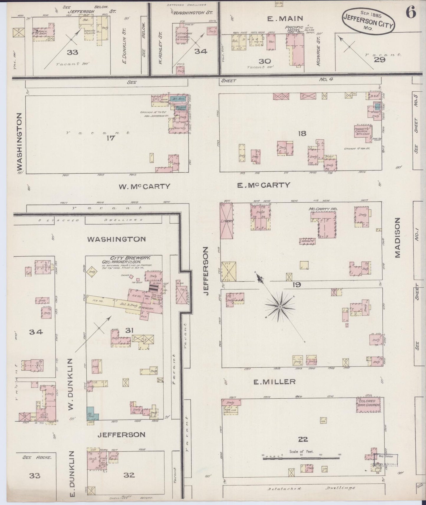 Sanborn Fire Insurance Map from Jefferson City, Cole County, Missouri (1885), Sheet #0006 - Historic Sanborn Fire Insurance Map Print, vintage old map wall art, antique decor, genealogy gift, Missouri Missouri map