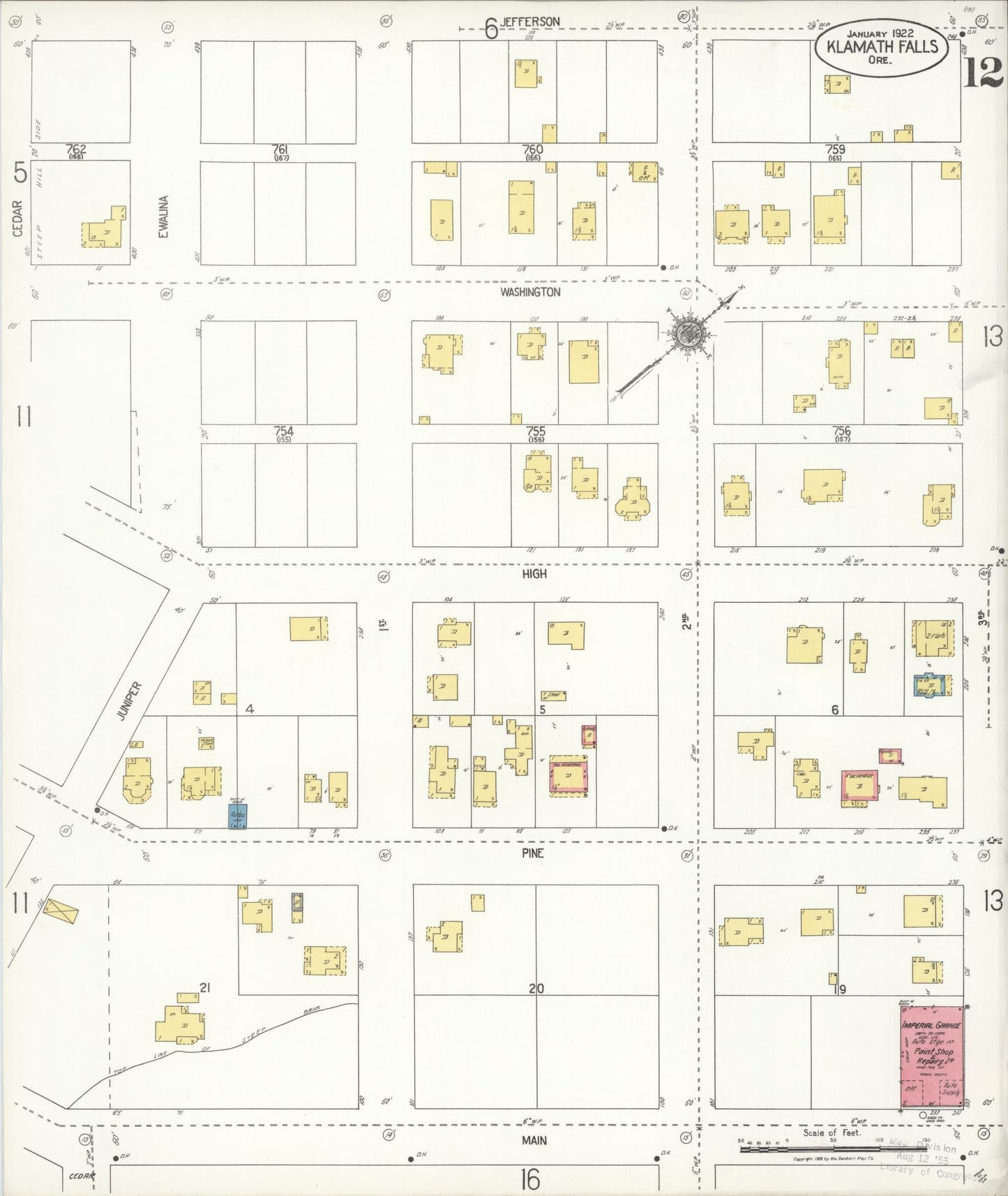Sanborn Fire Insurance Map from Klamath Falls, Klamath County, Oregon (1921), Sheet #0012 - Historic Sanborn Fire Insurance Map Print, vintage old map wall art, antique decor, genealogy gift, Oregon Oregon map
