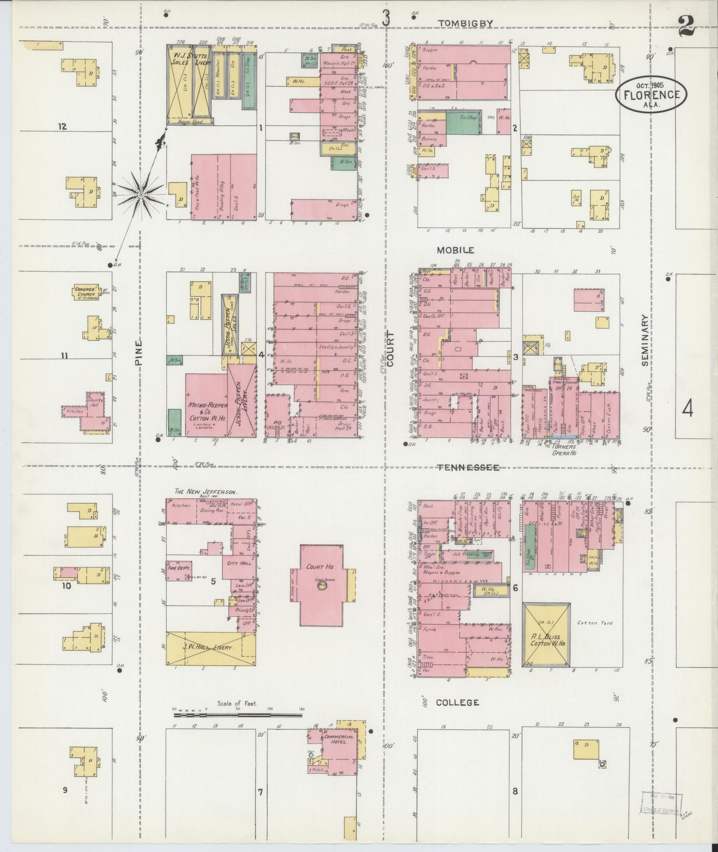 Sanborn Fire Insurance Map from Florence, Lauderdale County, Alabama (1905), Sheet #0002 - Historic Sanborn Fire Insurance Map Print, vintage old map wall art, antique decor, genealogy gift, Alabama Alabama map