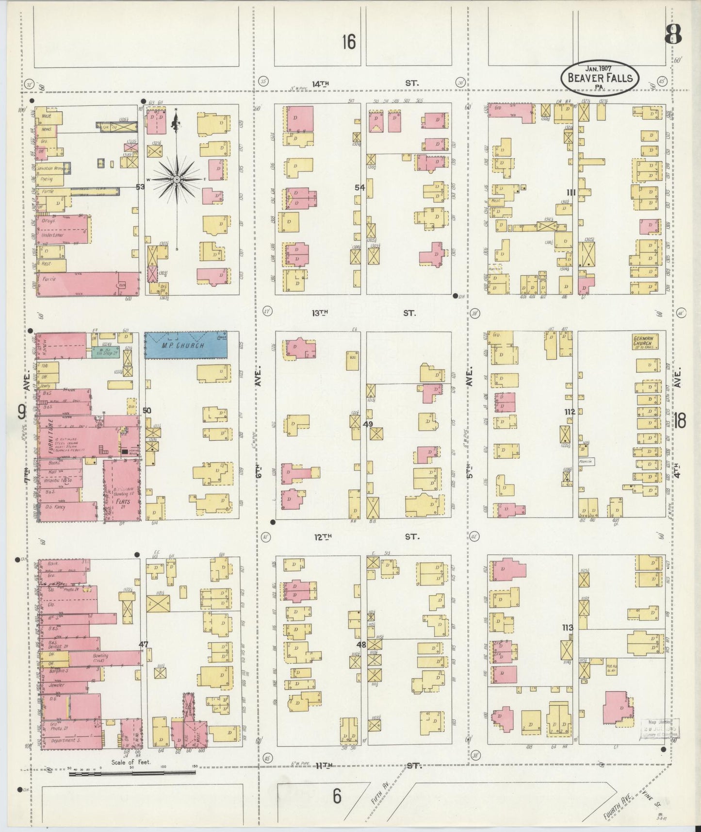 Sanborn Fire Insurance Map from Beaver Falls, Beaver County, Pennsylvania (1907), Sheet #0008 - Historic Sanborn Fire Insurance Map Print, vintage old map wall art, antique decor, genealogy gift, Pennsylvania Pennsylvania map