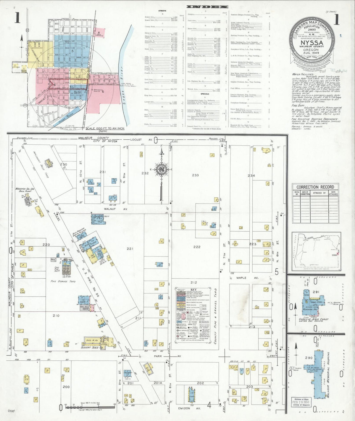 Sanborn Fire Insurance Map from Nyssa, Malheur County, Oregon (1949), Sheet #0001 - Historic Sanborn Fire Insurance Map Print, vintage old map wall art, antique decor, genealogy gift, Oregon Oregon map