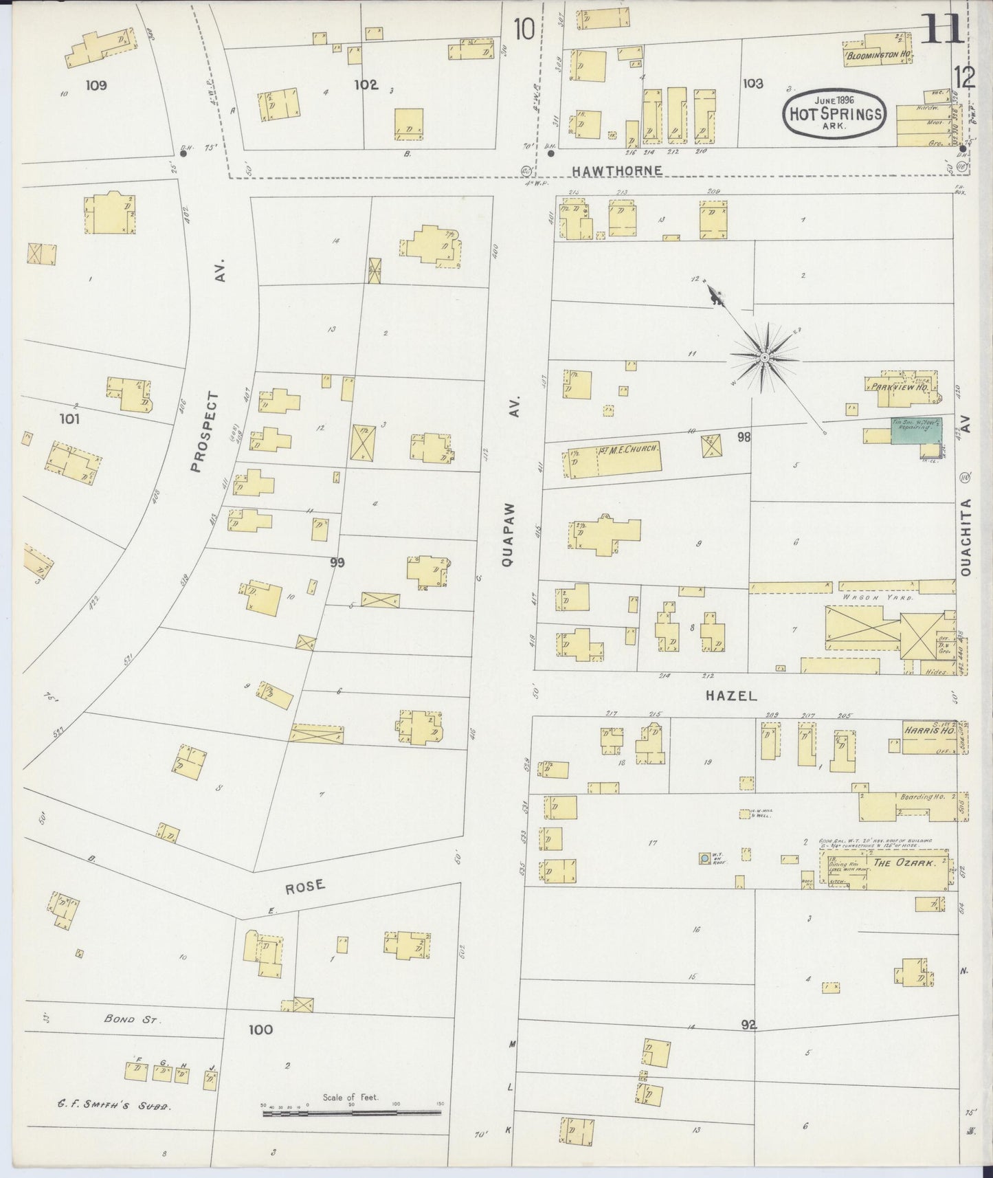 Sanborn Fire Insurance Map from Hot Springs, Garland County, Arkansas (1896), Sheet #0011 - Historic Sanborn Fire Insurance Map Print, vintage old map wall art, antique decor, genealogy gift, Arkansas Arkansas map