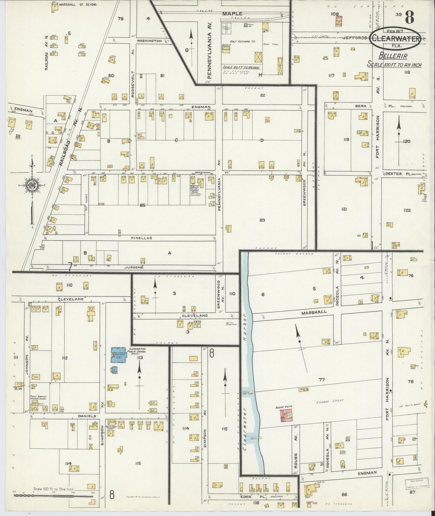 Sanborn Fire Insurance Map from Clearwater, Pinellas County, Florida (1917), Sheet #0008 - Historic Sanborn Fire Insurance Map Print, vintage old map wall art, antique decor, genealogy gift, Florida Florida map