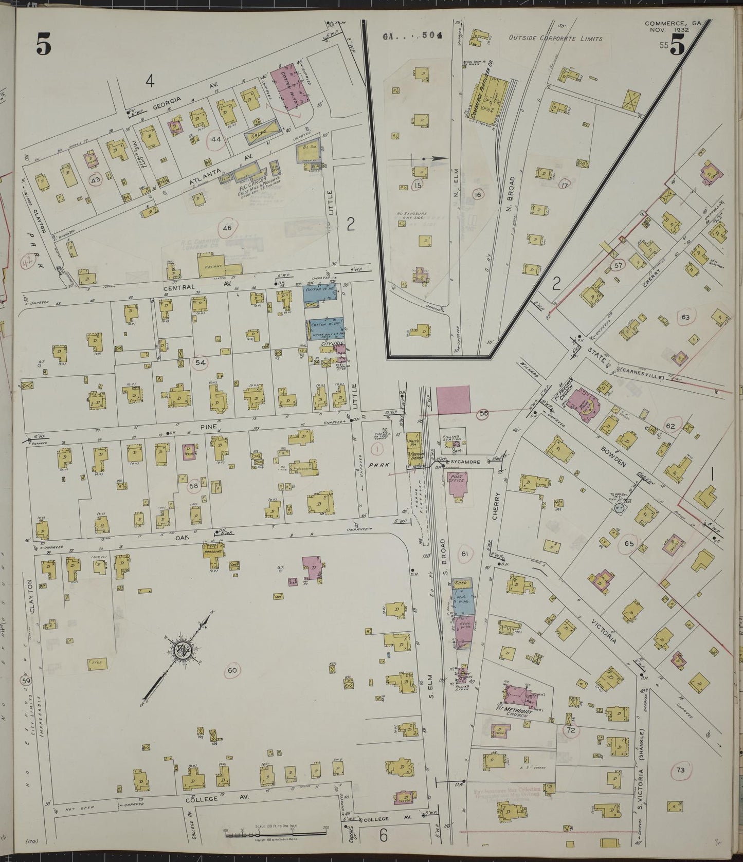 Sanborn Fire Insurance Map from Commerce, Jackson County, Georgia (1943), Sheet #0005 - Historic Sanborn Fire Insurance Map Print, vintage old map wall art, antique decor, genealogy gift, Georgia Georgia map