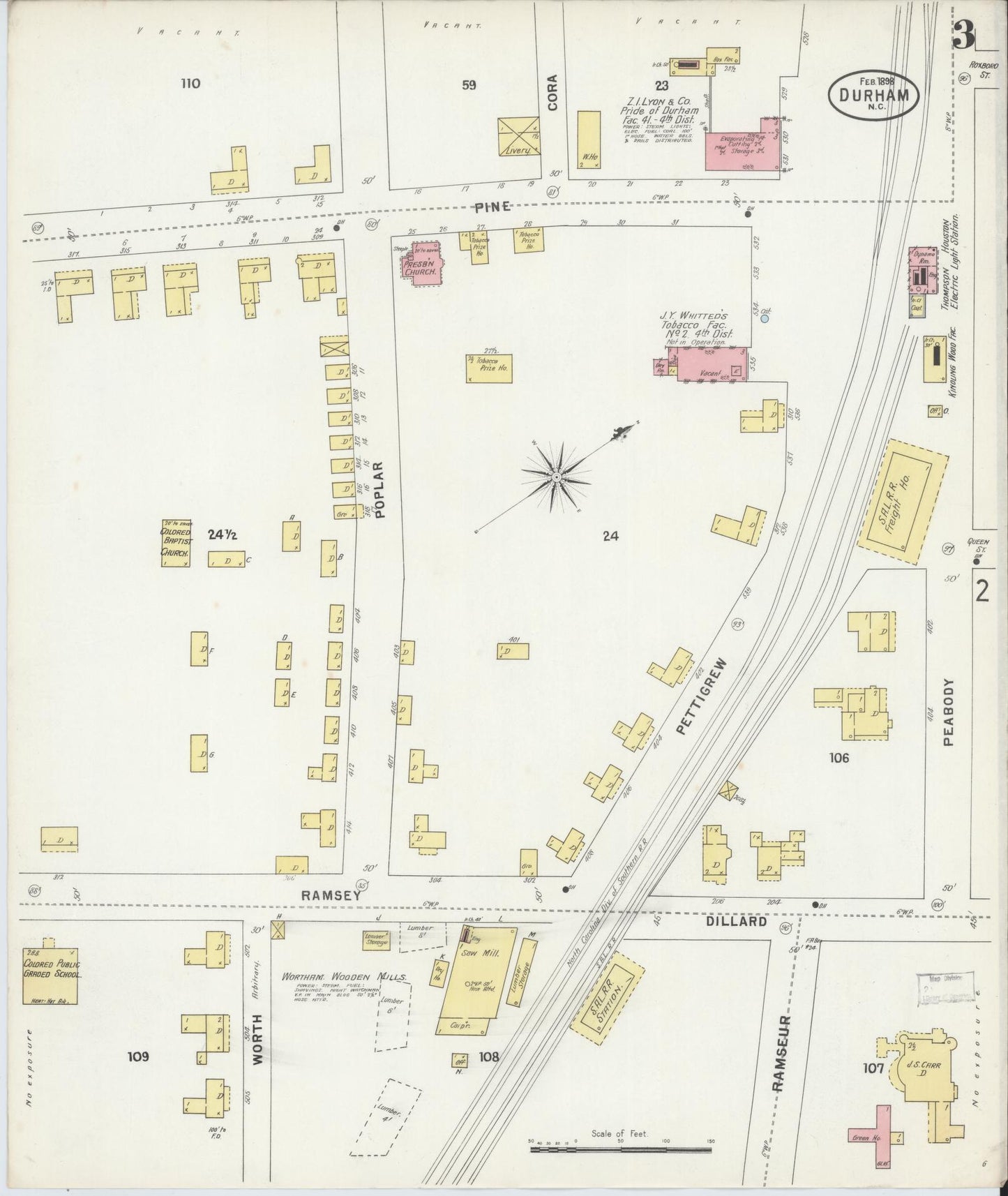 Sanborn Fire Insurance Map from Durham, Durham County, North Carolina (1898), Sheet #0003 - Historic Sanborn Fire Insurance Map Print, vintage old map wall art, antique decor, genealogy gift, North Carolina North Carolina map