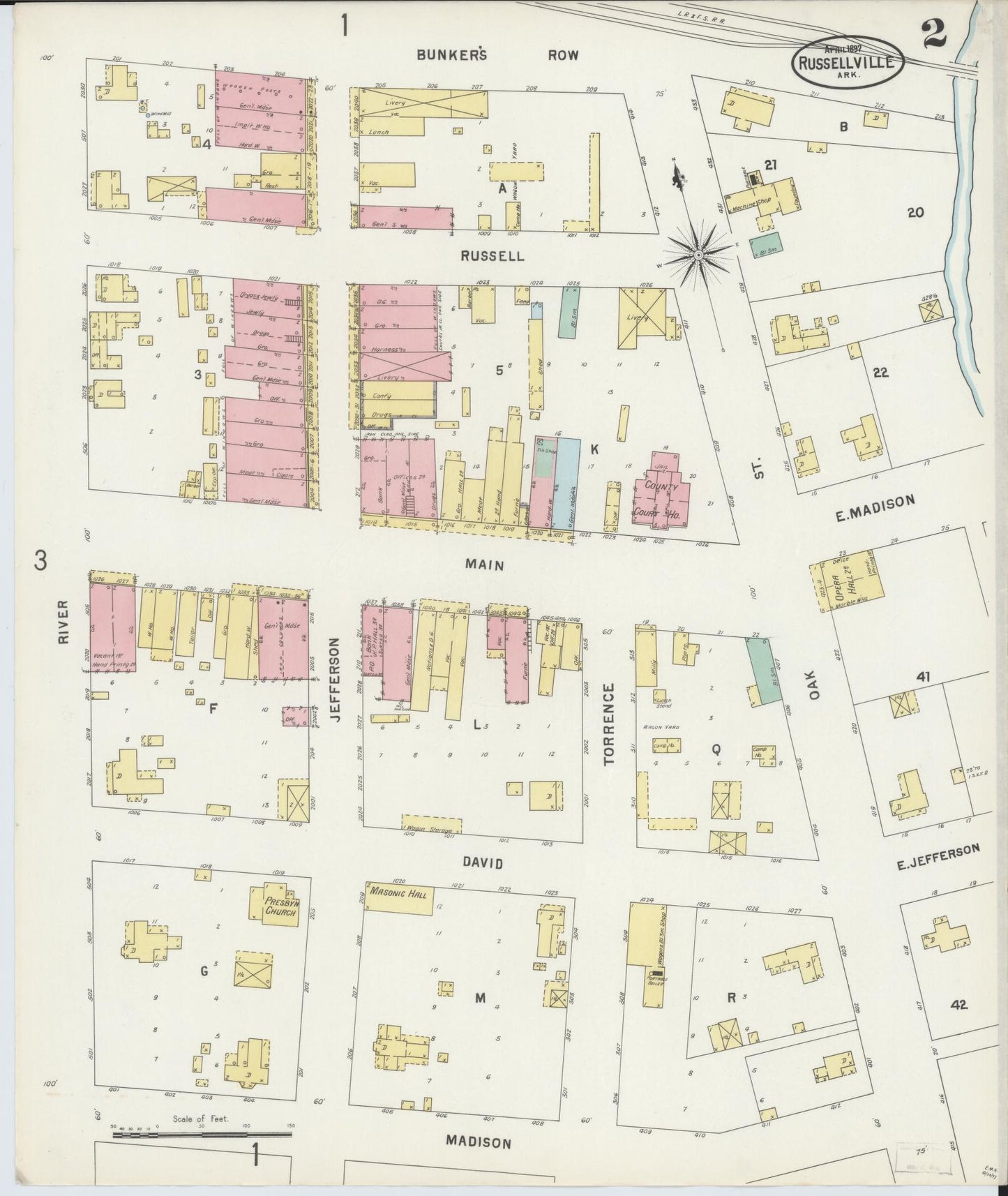 Sanborn Fire Insurance Map from Russellville, Pope County, Arkansas (1897), Sheet #0002 - Historic Sanborn Fire Insurance Map Print, vintage old map wall art, antique decor, genealogy gift, Arkansas Arkansas map