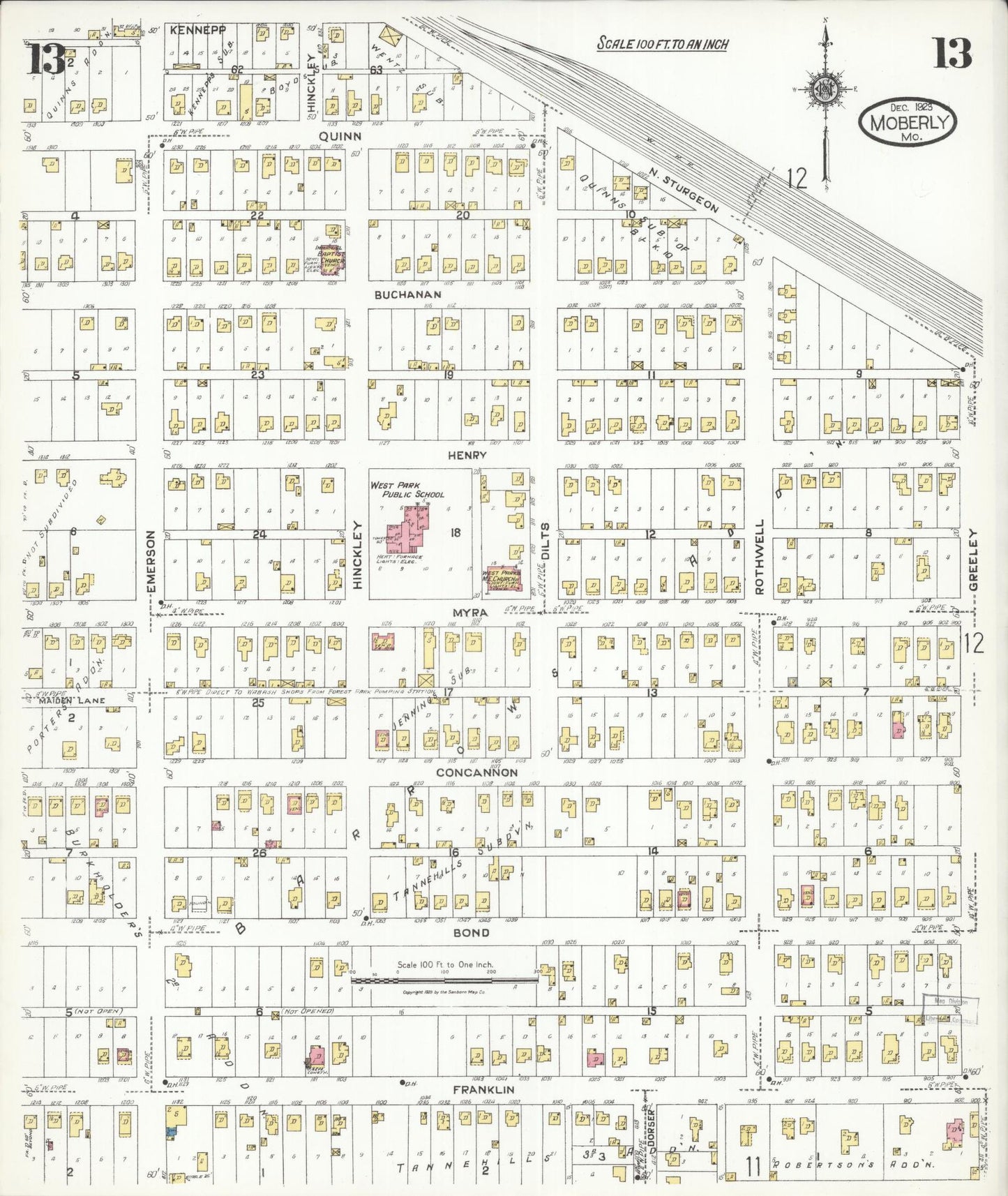 Sanborn Fire Insurance Map from Moberly, Randolph County, Missouri (1923), Sheet #0013 - Historic Sanborn Fire Insurance Map Print, vintage old map wall art, antique decor, genealogy gift, Missouri Missouri map