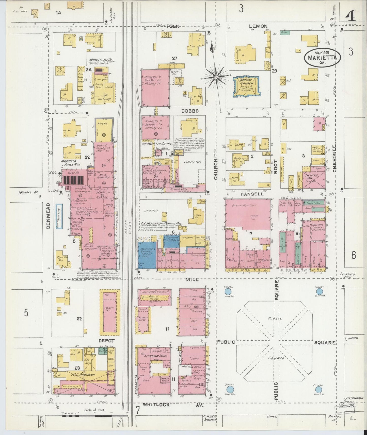 Sanborn Fire Insurance Map from Marietta, Cobb County, Georgia (1905), Sheet #0004 - Historic Sanborn Fire Insurance Map Print, vintage old map wall art, antique decor, genealogy gift, Georgia Georgia map