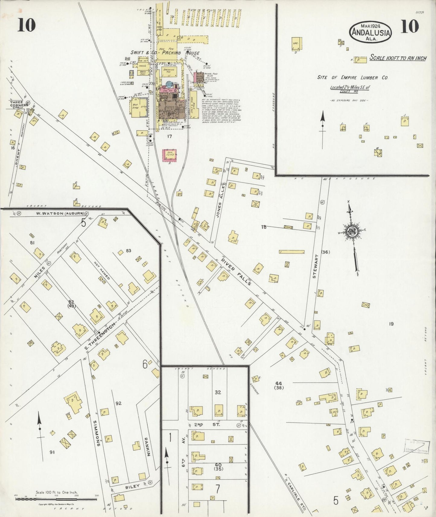Sanborn Fire Insurance Map from Andalusia, Covington County, Alabama (1924), Sheet #0010 - Historic Sanborn Fire Insurance Map Print, vintage old map wall art, antique decor, genealogy gift, Alabama Alabama map