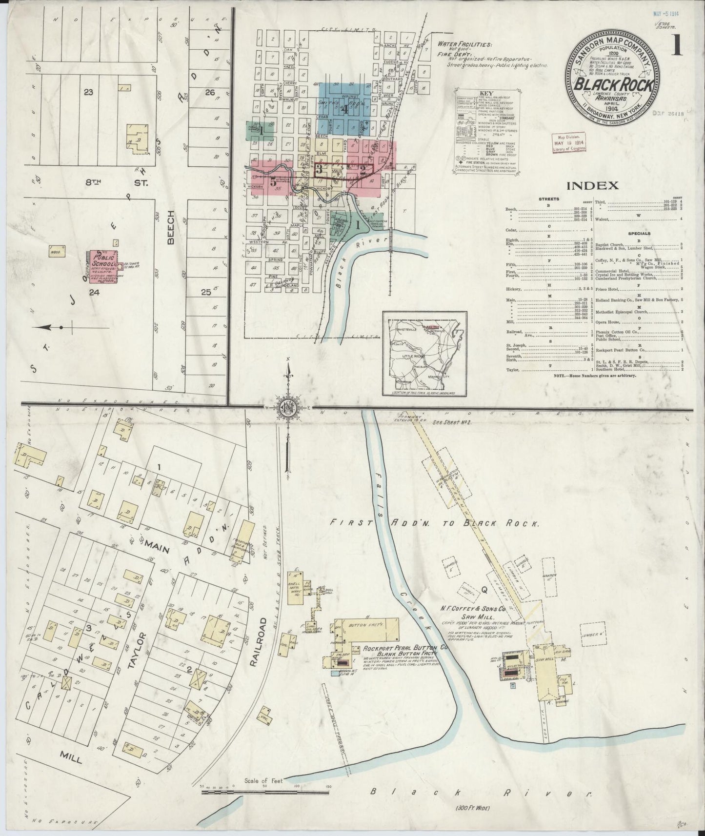 Sanborn Fire Insurance Map from Black Rock, Lawrence County, Arkansas (1914), Sheet #0001 - Historic Sanborn Fire Insurance Map Print, vintage old map wall art, antique decor, genealogy gift, Arkansas Arkansas map