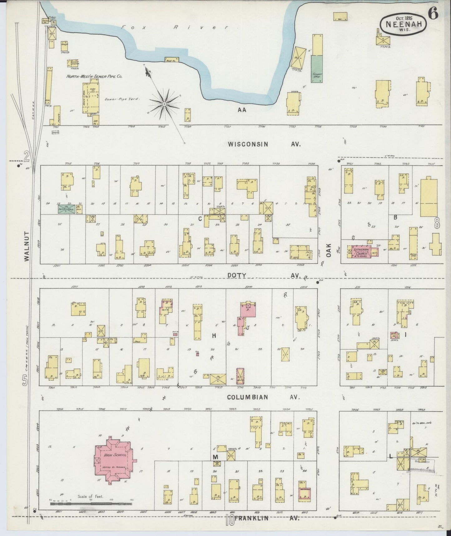 Sanborn Fire Insurance Map from Neenah, Winnebago County, Wisconsin (1895), Sheet #0006 - Historic Sanborn Fire Insurance Map Print, vintage old map wall art, antique decor, genealogy gift, Wisconsin Wisconsin map
