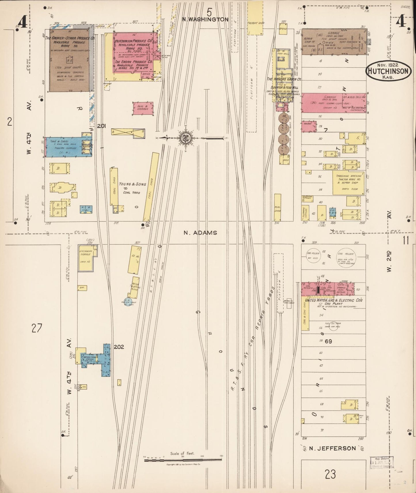 Sanborn Fire Insurance Map from Hutchinson, Reno County, Kansas (1922), Sheet #0005 - Historic Sanborn Fire Insurance Map Print, vintage old map wall art, antique decor, genealogy gift, Kansas Kansas map