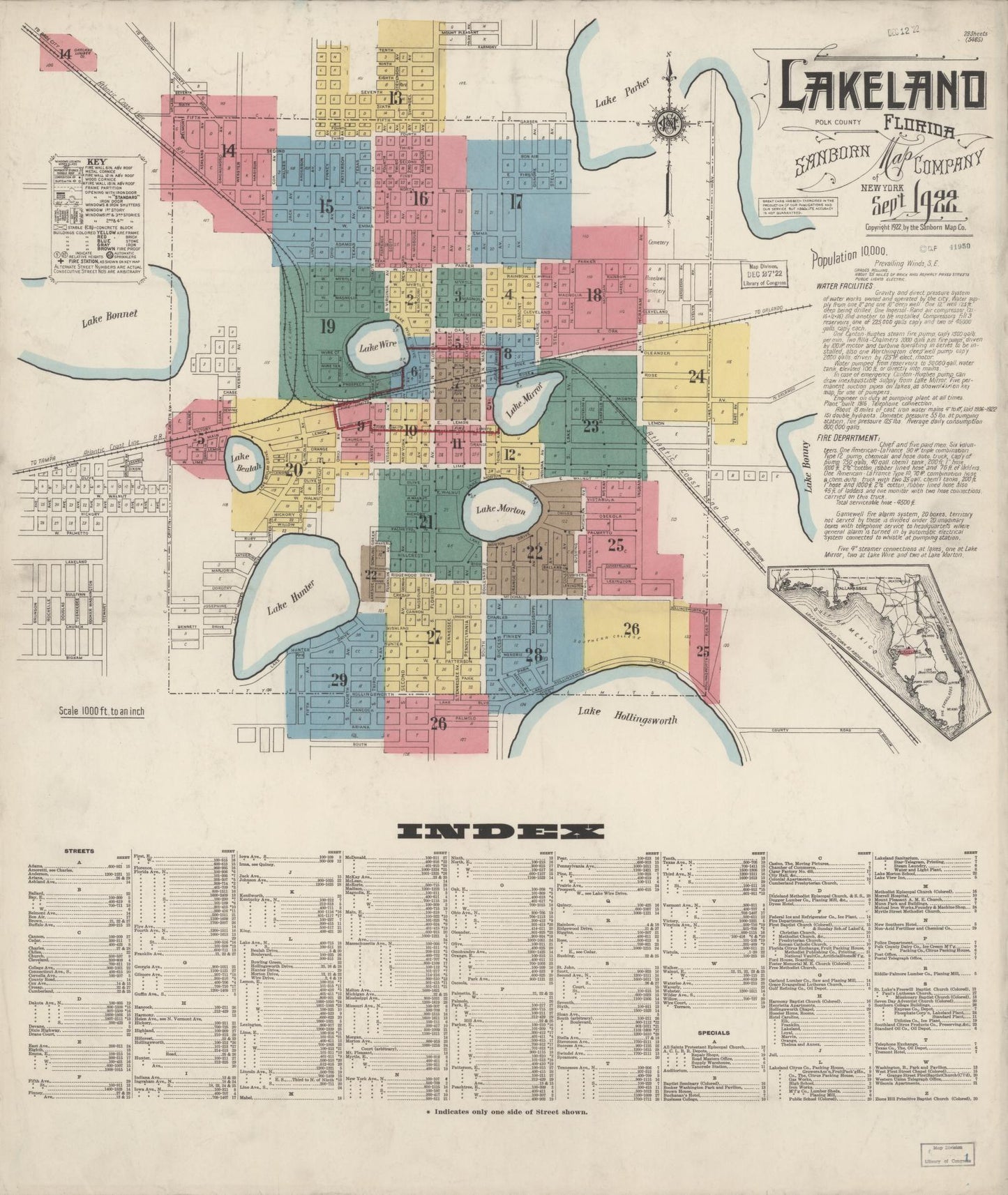 Sanborn Fire Insurance Map from Lakeland, Polk County, Florida (1922), Sheet #0001 - Historic Sanborn Fire Insurance Map Print, vintage old map wall art, antique decor, genealogy gift, Florida Florida map