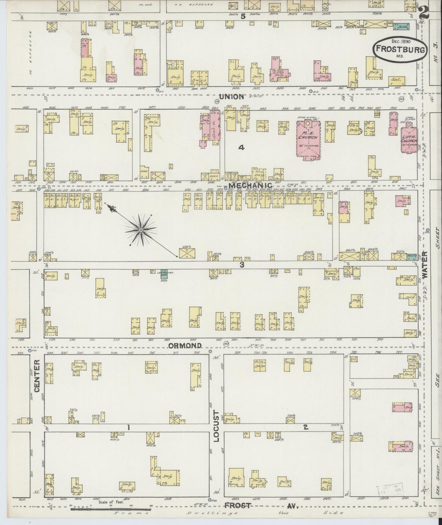 Sanborn Fire Insurance Map from Frostburg, Allegany County, Maryland (1890), Sheet #0002 - Historic Sanborn Fire Insurance Map Print, vintage old map wall art