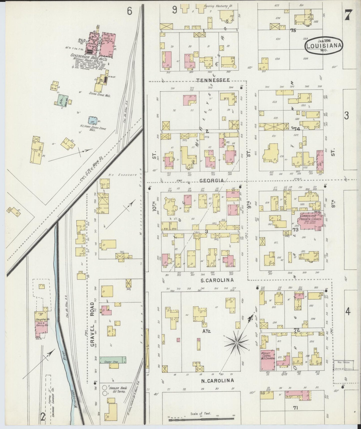 Sanborn Fire Insurance Map from Louisiana, Pike County, Missouri (1896), Sheet #0007 - Historic Sanborn Fire Insurance Map Print, vintage old map wall art, antique decor, genealogy gift, Missouri Missouri map