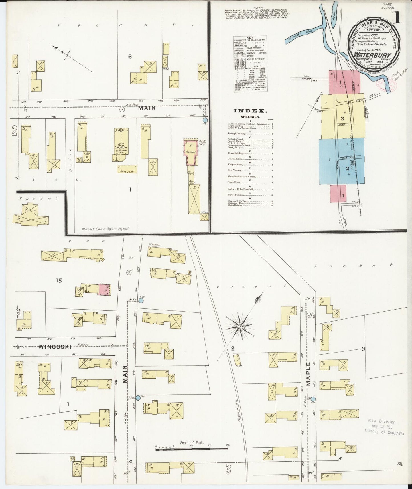 Sanborn Fire Insurance Map from Waterbury, Washington County, Vermont. (1894) – Historic Sanborn Fire Insurance Map Print