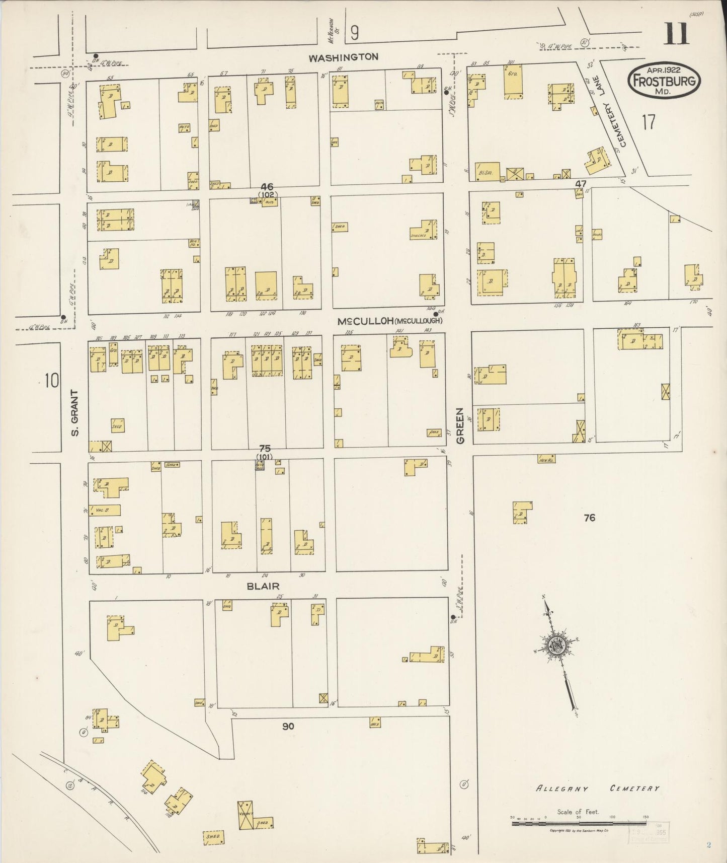 Sanborn Fire Insurance Map from Frostburg, Allegany County, Maryland (1922), Sheet #0011 - Historic Sanborn Fire Insurance Map Print, vintage old map wall art