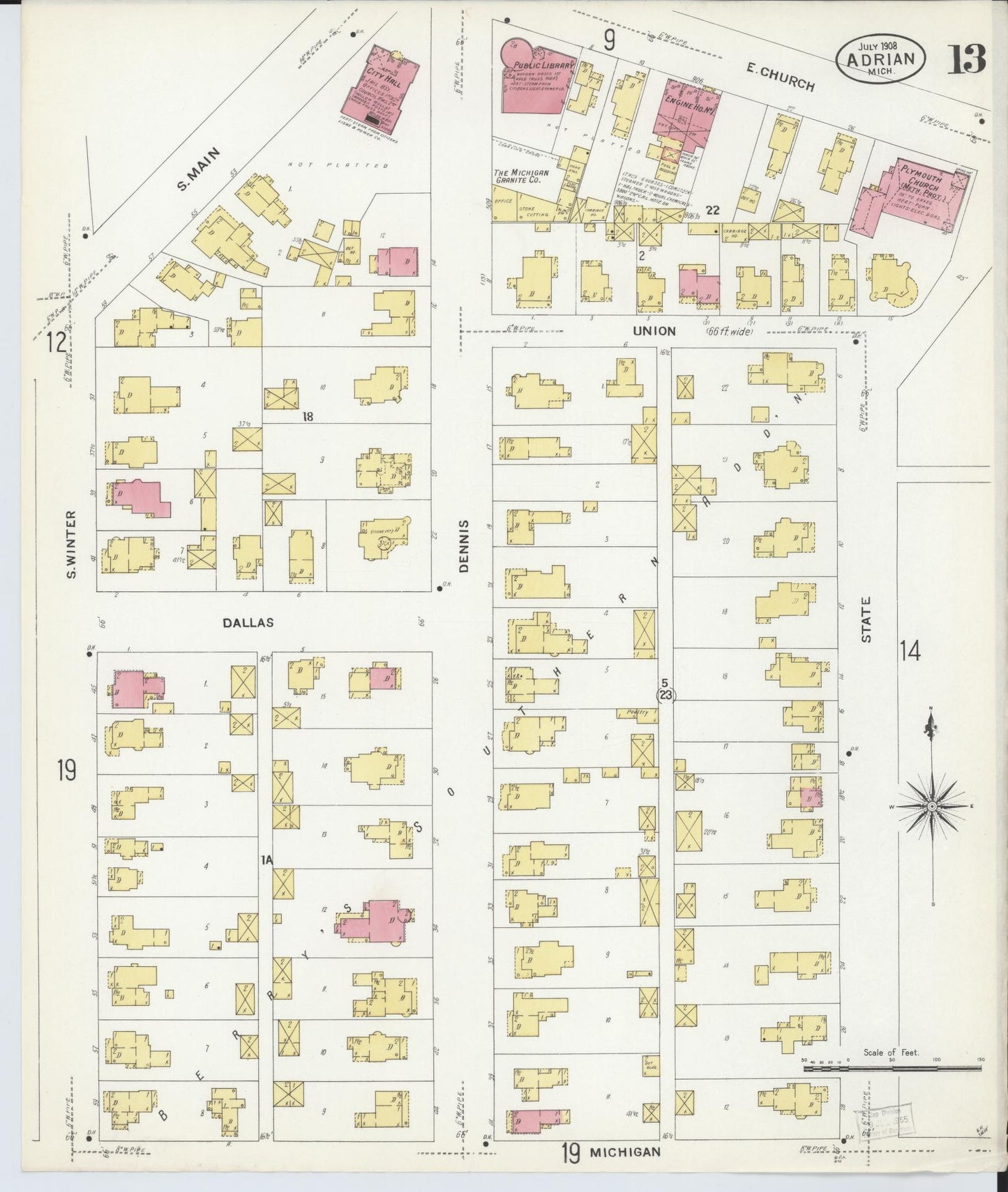 Sanborn Fire Insurance Map from Adrian, Lenawee County, Michigan (1908), Sheet #0013 - Historic Sanborn Fire Insurance Map Print, vintage old map wall art, antique decor, genealogy gift, Michigan Michigan map
