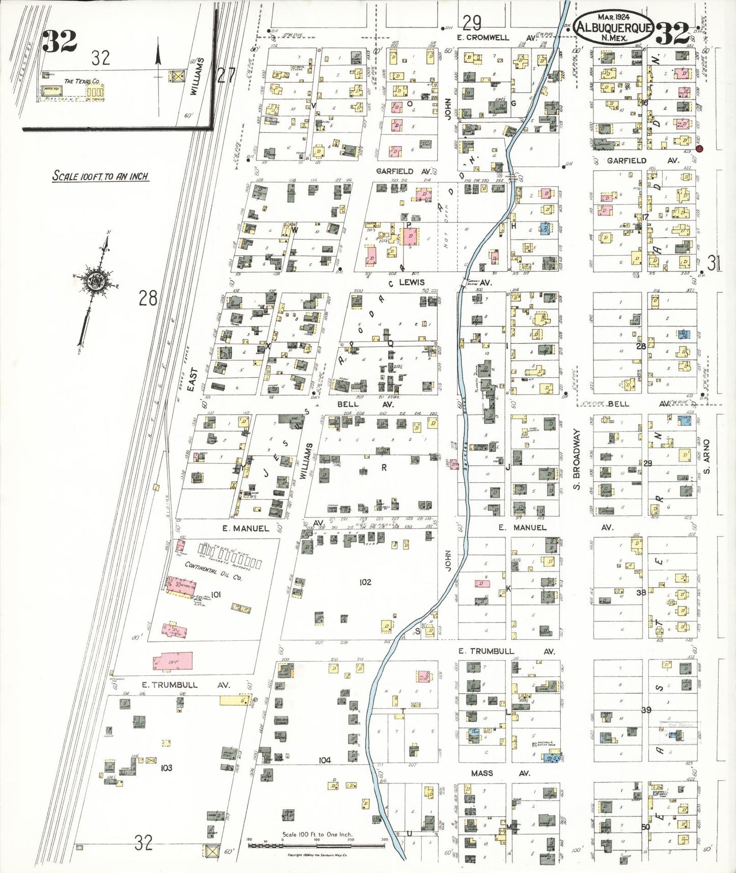 Sanborn Fire Insurance Map from Albuquerque, Bernalillo County, New Mexico (1924), Sheet #0032 - Historic Sanborn Fire Insurance Map Print, vintage old map wall art, antique decor, genealogy gift, New Mexico New Mexico map