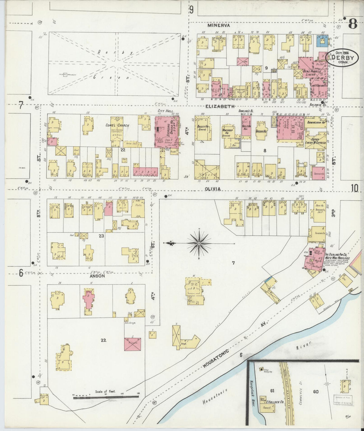 Sanborn Fire Insurance Map from Derby, New Haven County, Connecticut (1906), Sheet #0008 - Historic Sanborn Fire Insurance Map Print, vintage old map wall art, antique decor, genealogy gift, Connecticut Connecticut map