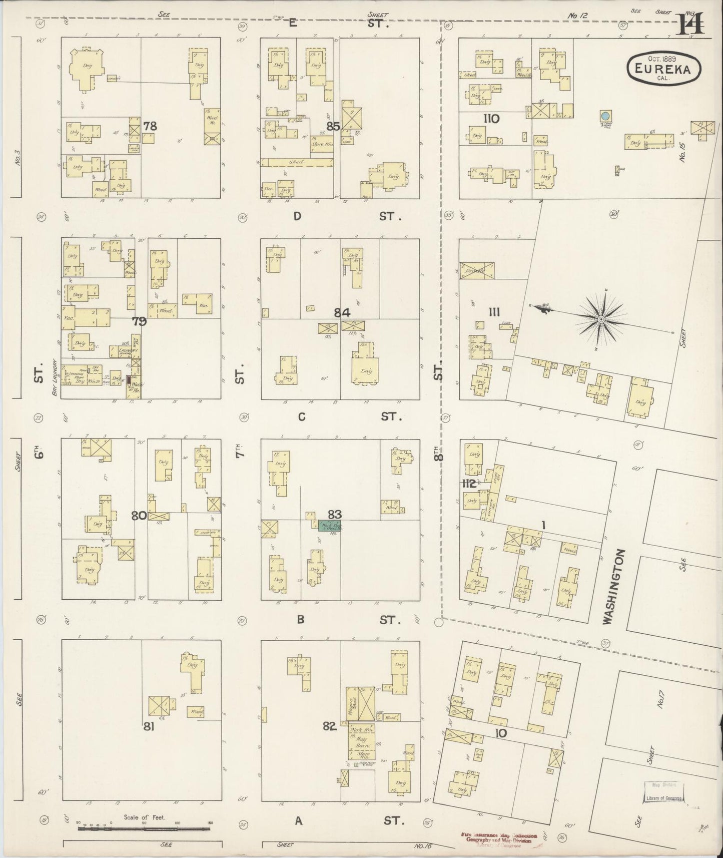 Sanborn Fire Insurance Map from Eureka, Humboldt County, California (1889), Sheet #0014 - Historic Sanborn Fire Insurance Map Print, vintage old map wall art, antique decor, genealogy gift, California California map