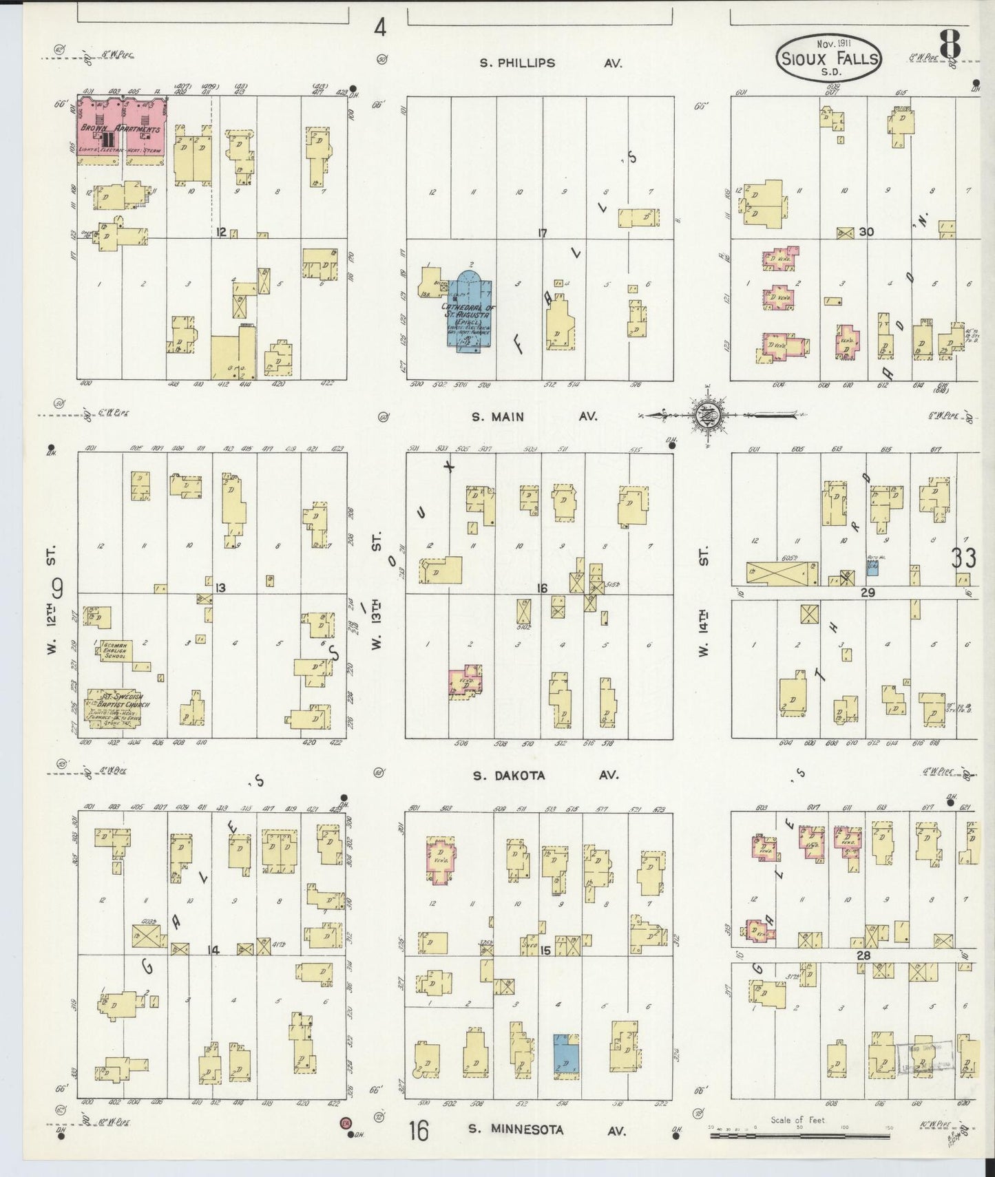 Sanborn Fire Insurance Map from Sioux Falls, Minnehaha County, South Dakota (1911), Sheet #0008 - Historic Sanborn Fire Insurance Map Print, vintage old map wall art, antique decor, genealogy gift, South Dakota South Dakota map