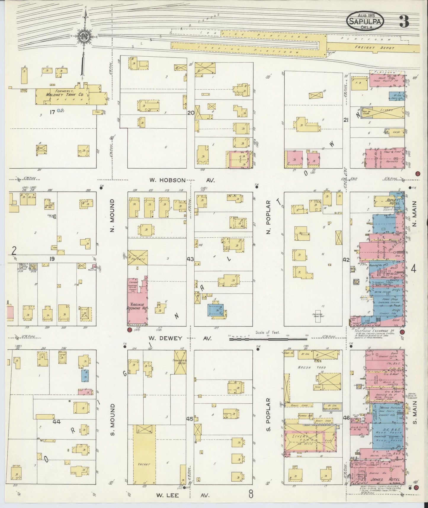 Sanborn Fire Insurance Map from Sapulpa, Creek County, Oklahoma (1915), Sheet #0003 - Historic Sanborn Fire Insurance Map Print, vintage old map wall art, antique decor, genealogy gift, Oklahoma Oklahoma map