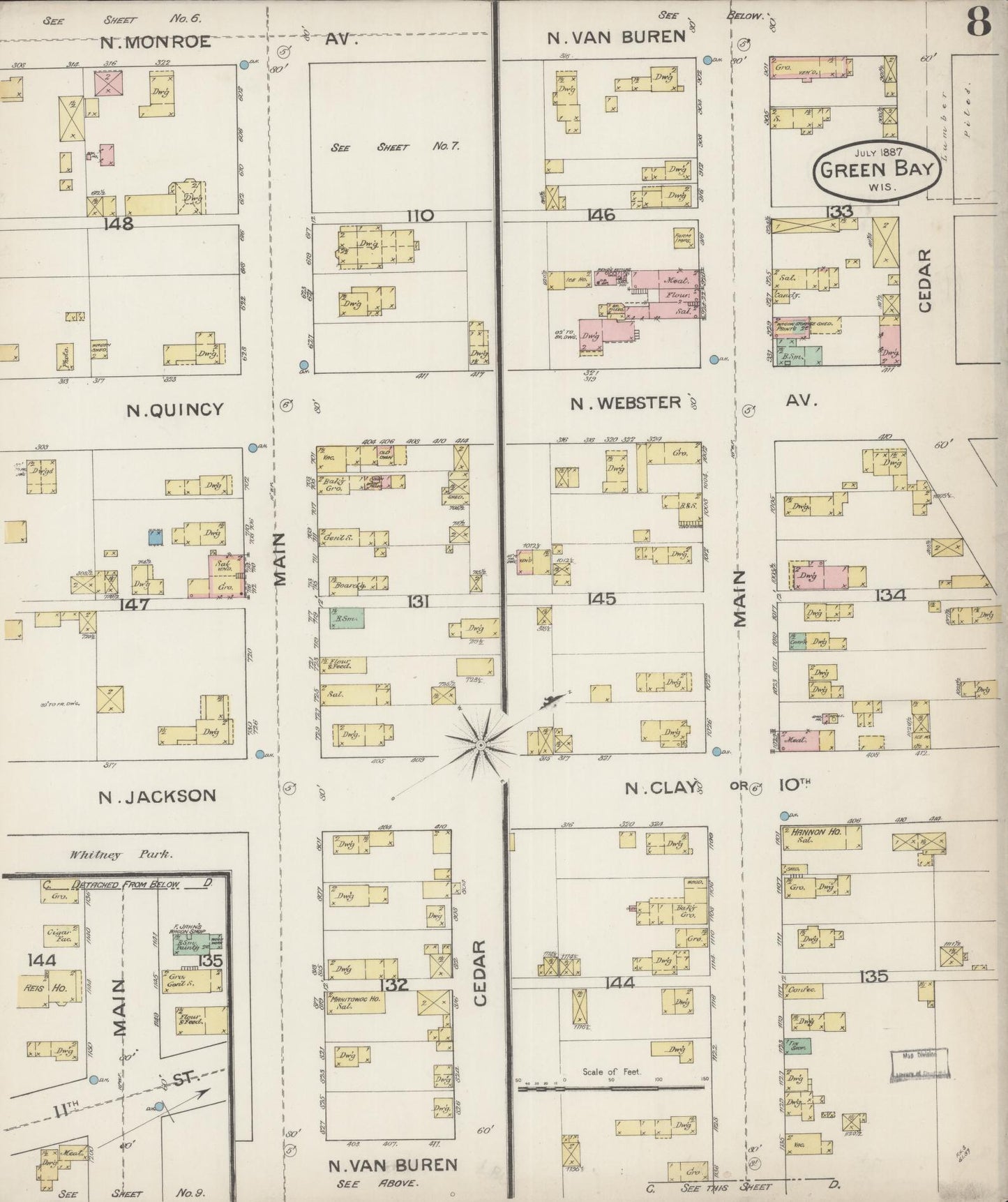 Sanborn Fire Insurance Map from Green Bay, Brown County, Wisconsin (1887), Sheet #0008 - Historic Sanborn Fire Insurance Map Print, vintage old map wall art, antique decor, genealogy gift, Wisconsin Wisconsin map
