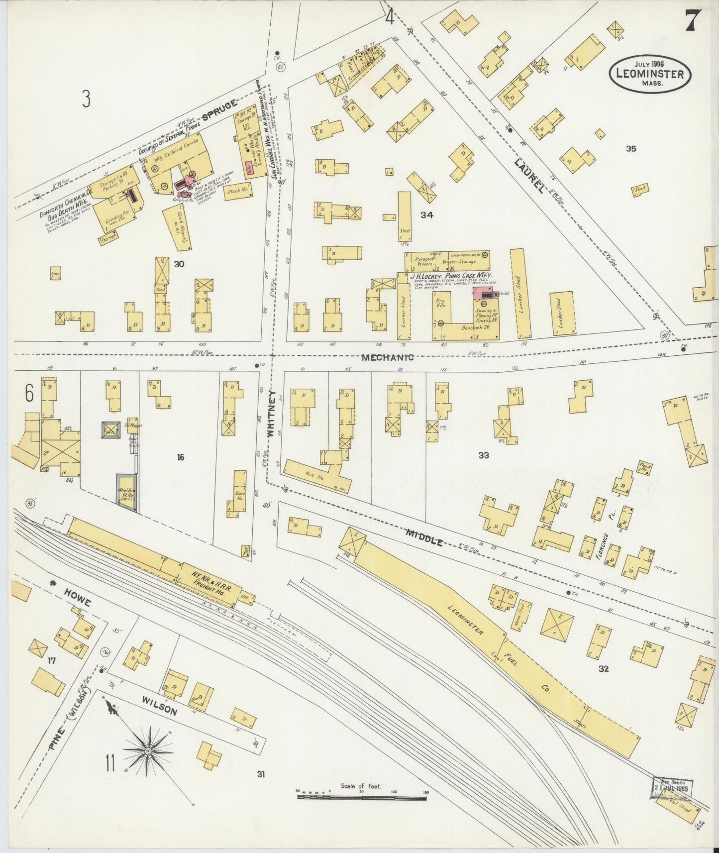 Sanborn Fire Insurance Map from Leominster, Worcester County, Massachusetts (1906), Sheet #0007 - Historic Sanborn Fire Insurance Map Print, vintage old map wall art, antique decor, genealogy gift, Massachusetts Massachusetts map
