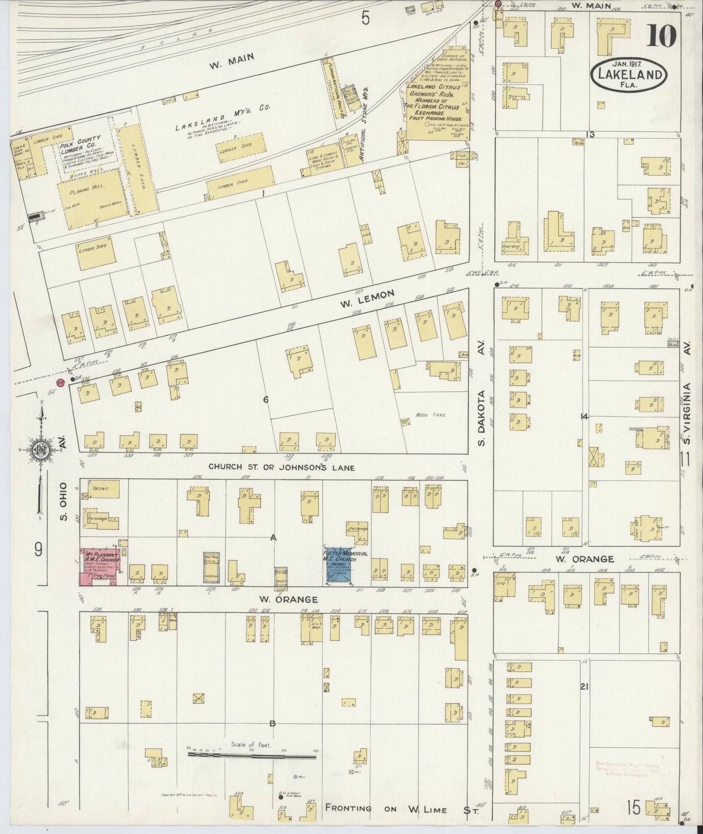 Sanborn Fire Insurance Map from Lakeland, Polk County, Florida (1917), Sheet #0010 - Historic Sanborn Fire Insurance Map Print, vintage old map wall art, antique decor, genealogy gift, Florida Florida map