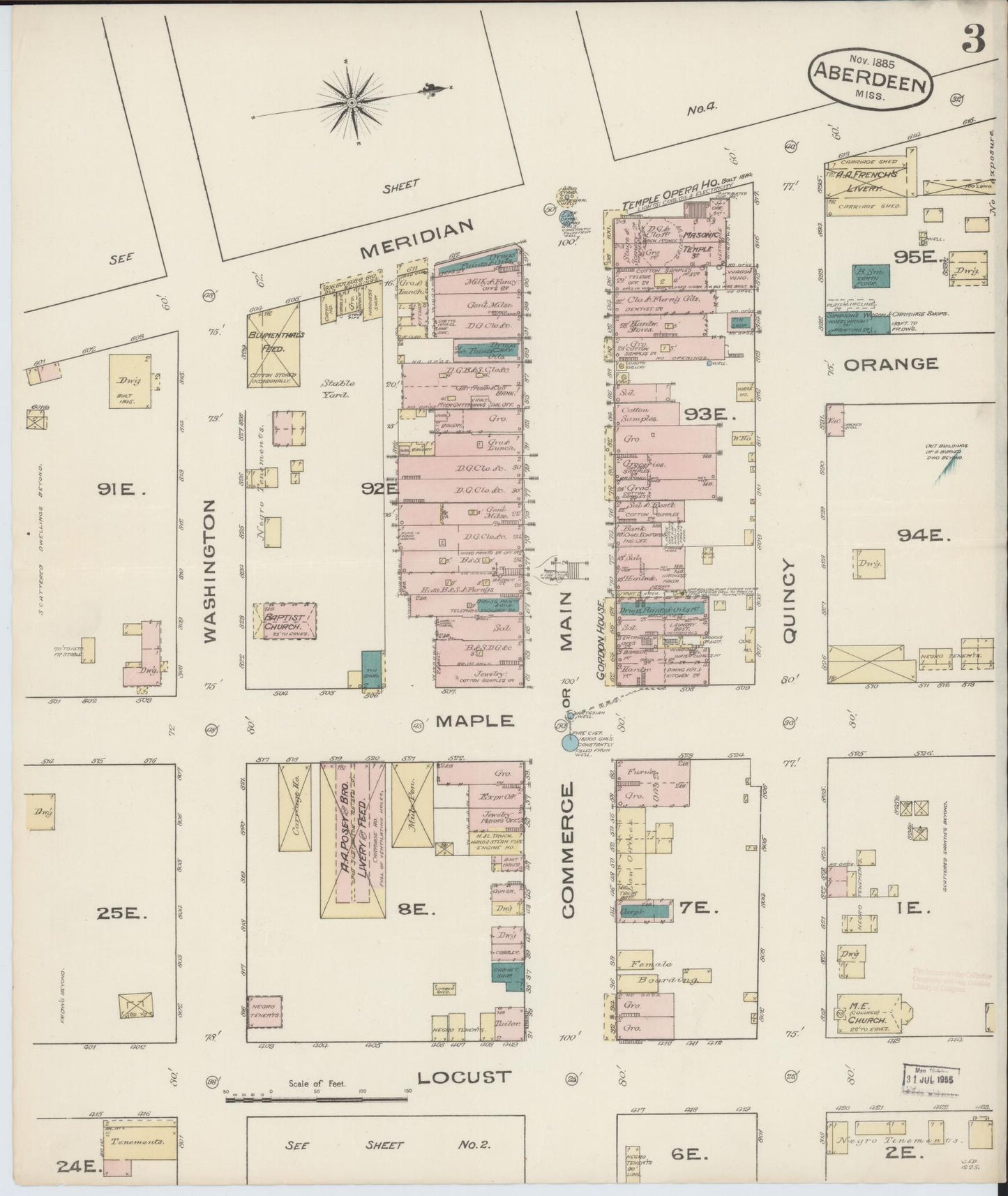 Sanborn Fire Insurance Map from Aberdeen, Monroe County, Mississippi (1885), Sheet #0003 - Historic Sanborn Fire Insurance Map Print, vintage old map wall art, antique decor, genealogy gift, Mississippi Mississippi map