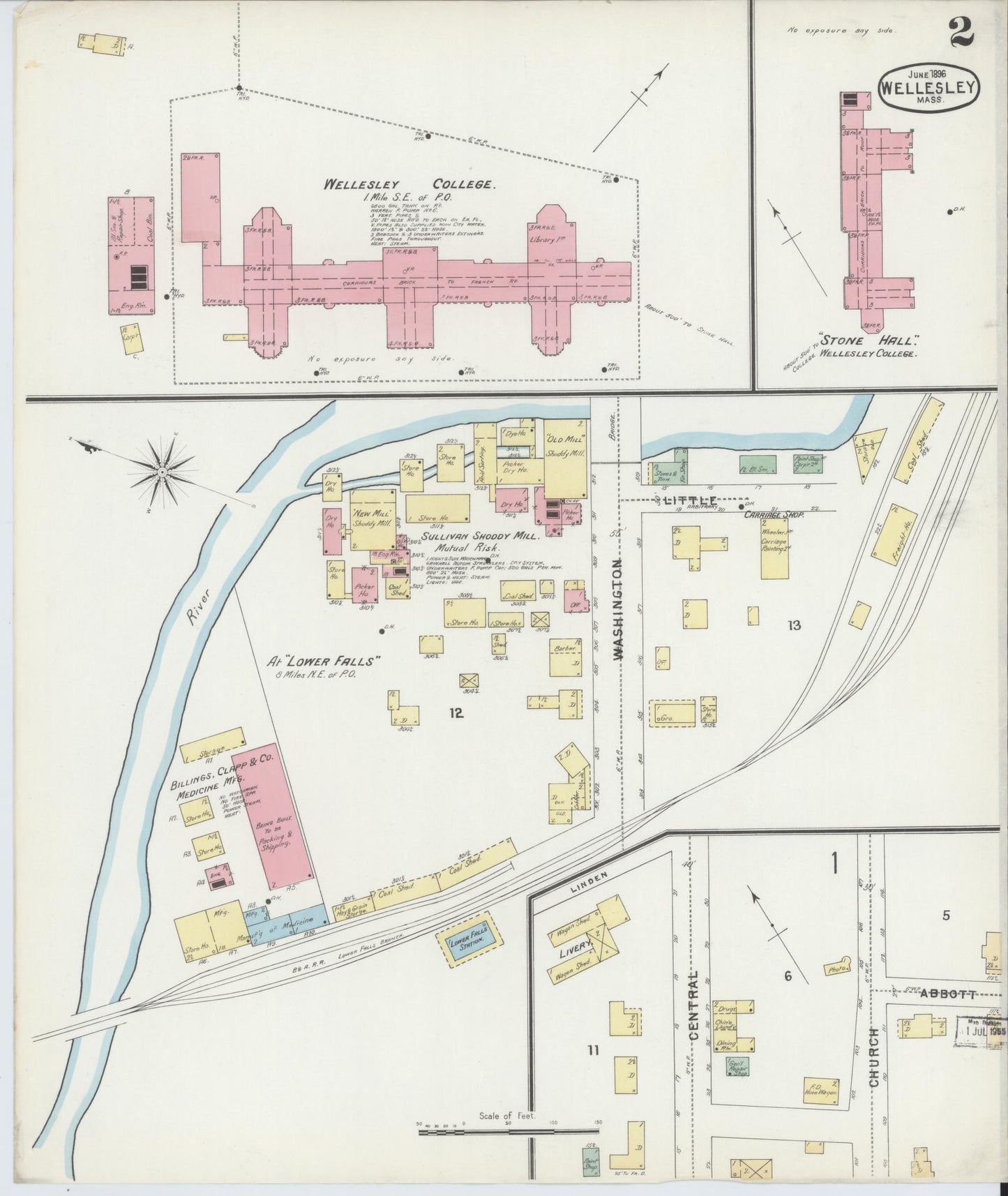 Sanborn Fire Insurance Map from Wellesley, Norfolk County, Massachusetts (1896), Sheet #0002 - Historic Sanborn Fire Insurance Map Print, vintage old map wall art, antique decor, genealogy gift, Massachusetts Massachusetts map