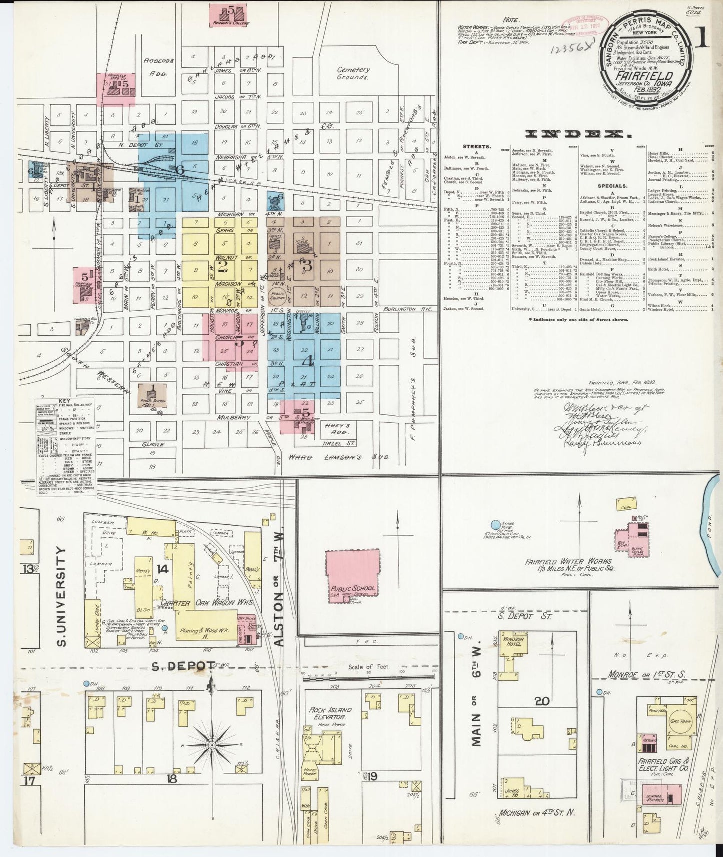 Sanborn Fire Insurance Map from Fairfield, Jefferson County, Iowa (1892), Sheet #0001 - Historic Sanborn Fire Insurance Map Print, vintage old map wall art