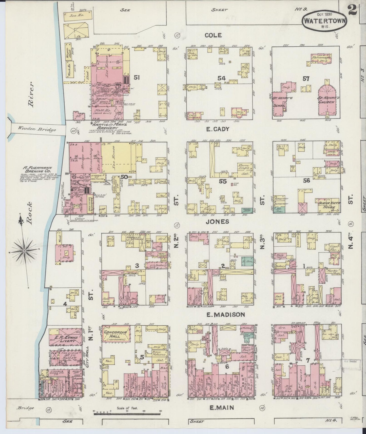 Sanborn Fire Insurance Map from Watertown, Jefferson County, Wisconsin (1890), Sheet #0002 - Historic Sanborn Fire Insurance Map Print, vintage old map wall art, antique decor, genealogy gift, Wisconsin Wisconsin map